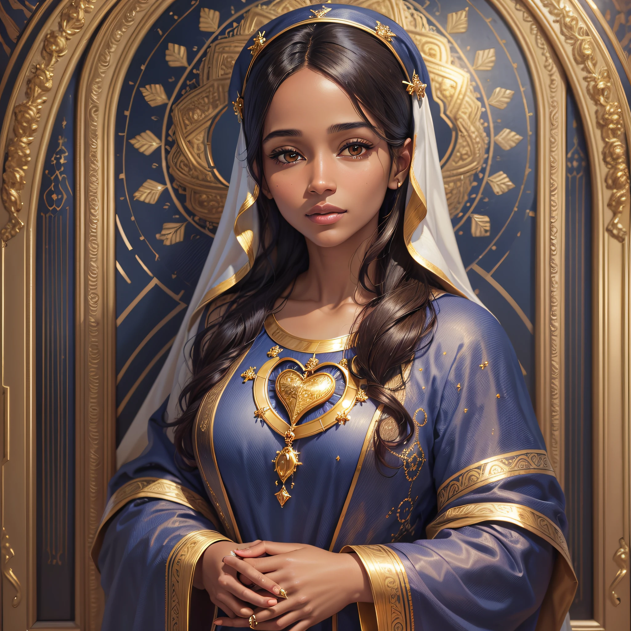 Highly realistic portrait of the Virgin Mary, a 35-year-old woman with brown skin, beautiful and smooth face, wearing navy blue clothes with golden details, she holds the sacred heart of Jesus (red heart with divine light around), in elegant environment with ornaments in gold, 8k, hyper-realistic --auto --s2