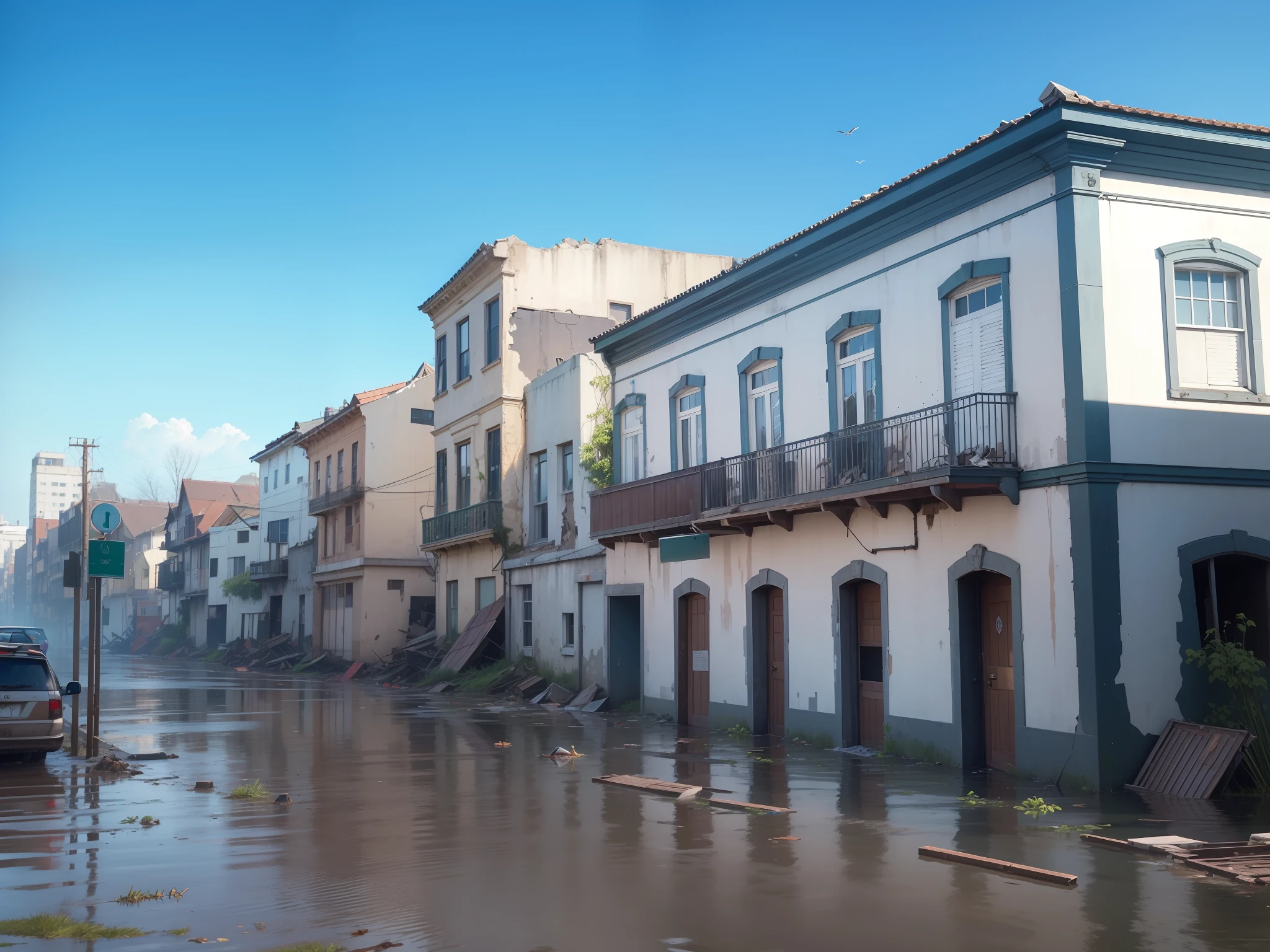 Fidelity original image, image of the apocalypse, flood, tidal wave, waves, sea invading the scene, preserve to the maximum details and frescoes of the facades beating the buildings, preserve details of the doors and windowshiper photographic realism, ISO 50, maximum photographic quality. ruined buildings, rubble,v6 skeletons in water, dirty water, running river, rapids,waves, realistic epic, hdr++, abandoned building,abandoned objects, many abandoned objects, rusty metals flooding, dirty water,floating debris, neutral colors,, refractions of screen space, (complex details)+, complex details+, hyperdetailed+, art station, cinematic plan, vignette, complex background,,bush on the sidewalk,rusty carcasses on the ground, , birds flying, frogs, leaves floating in the water, water running in the mei of the scene, lots of vegetation on the roof of houses, vegetation on the water's edge, plants in the water, frogs in the water, herons in the water, flying vultures