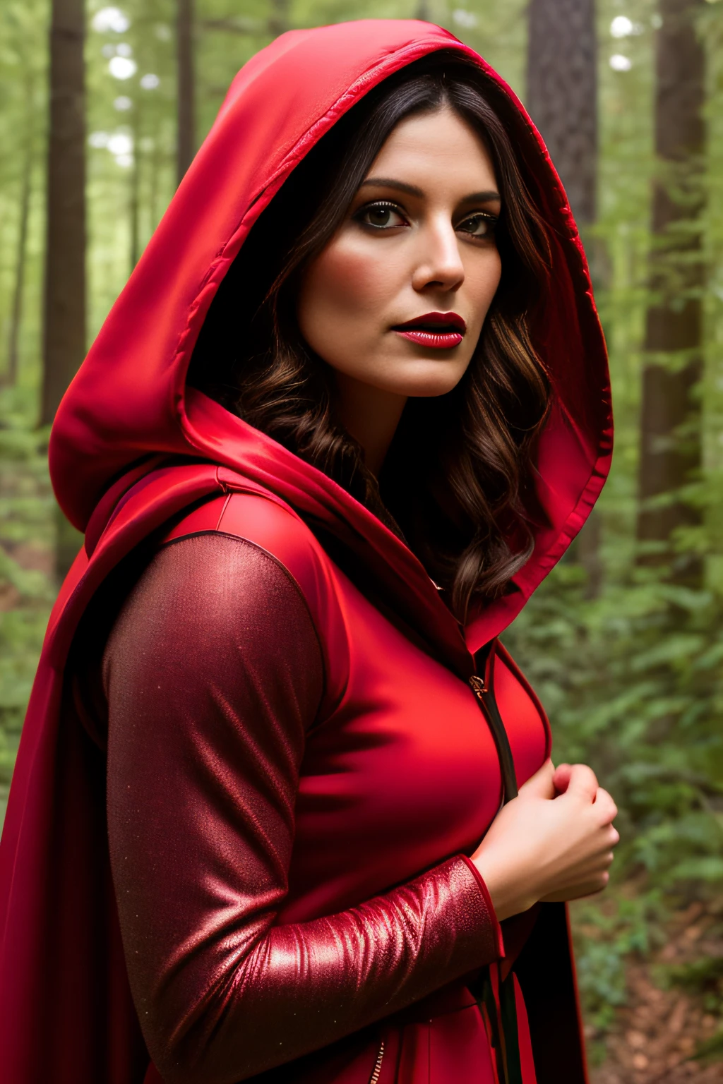 closeup portrait of a cute red riding hood in a dark forest, big bad wolf in background, (backlighting), realistic, masterpiece, highest quality, ((red hooded cape)), ((scared)), lens flare, shade, bloom, ((light sparkles)), [chromatic aberration], by Jeremy Lipking, by Antonio J. Manzanedo, by (Alphonse Mucha), digital painting