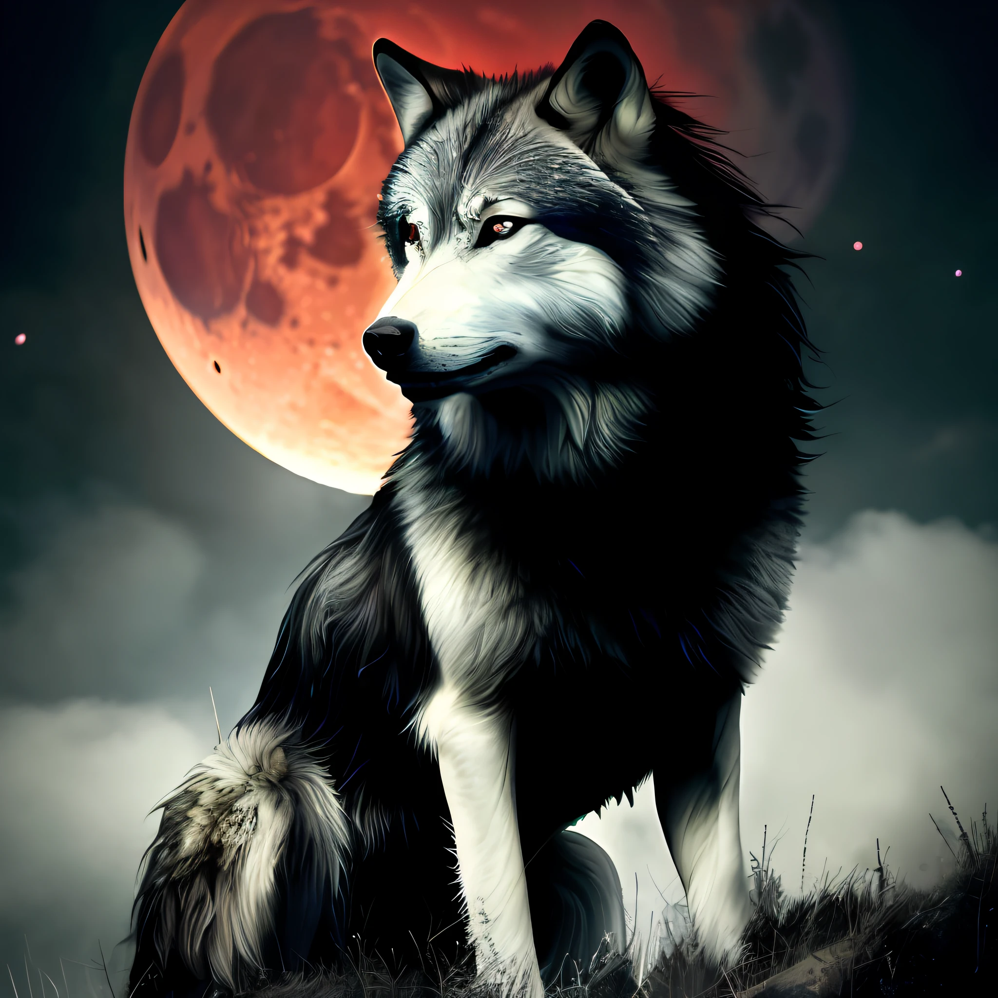 best quality, masterpiece, 
a monster, god, holy, fog, big red bleeding eye and blood moon as background,
elden ring,wolf