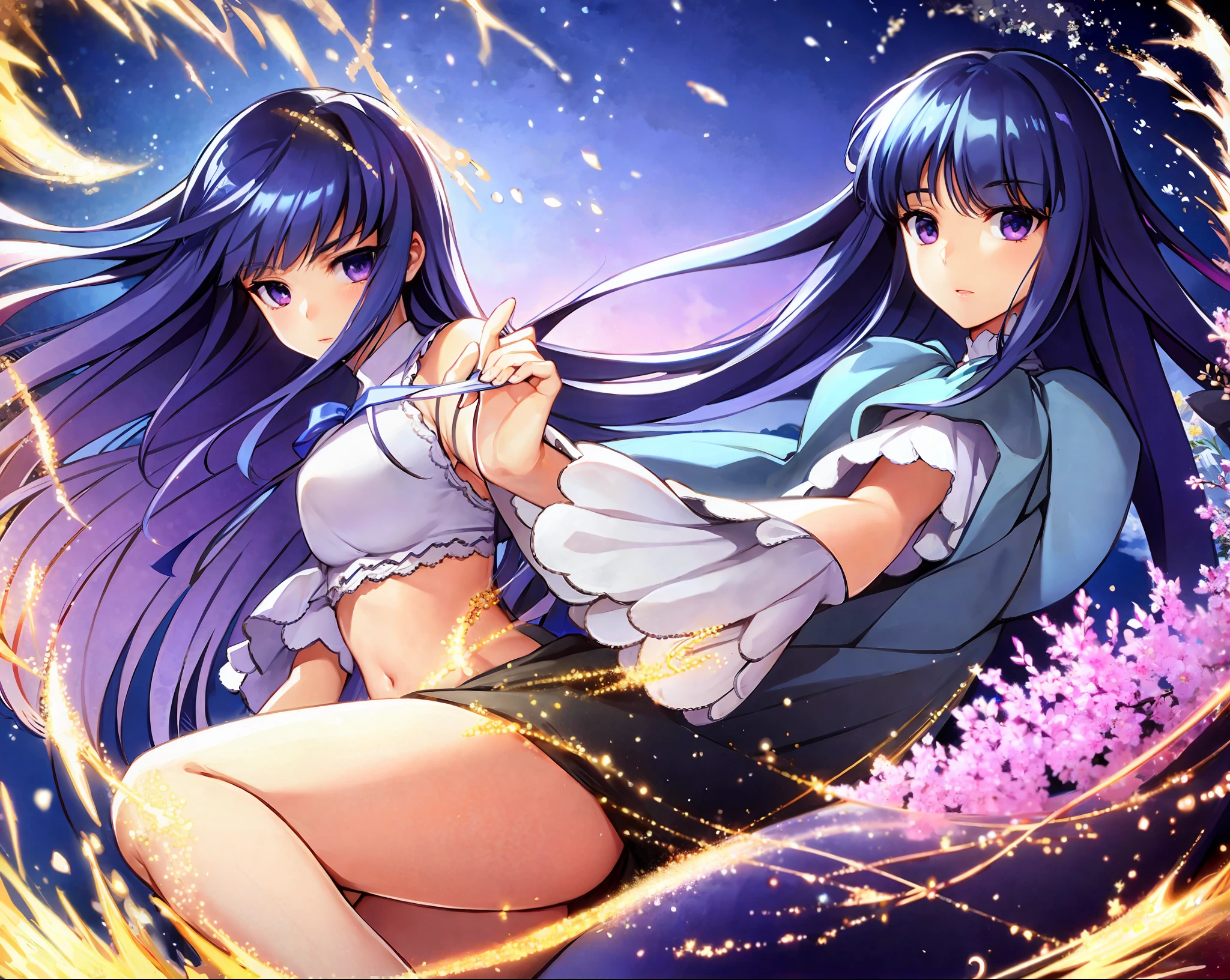 beautiful, masterpiece, best quality, extremely detailed face, perfect lighting, 1girl, solo, top-down bottom-up, frederica bernkastel, blue hair, purple eyes, best quality: 1.5, masterpiece, perfect figure, delicate hands, HDR, detailed body, extremely detailed, higres, beautiful girl, Summer, grass, a few small flowers, large clouds, blue sky, hot weather