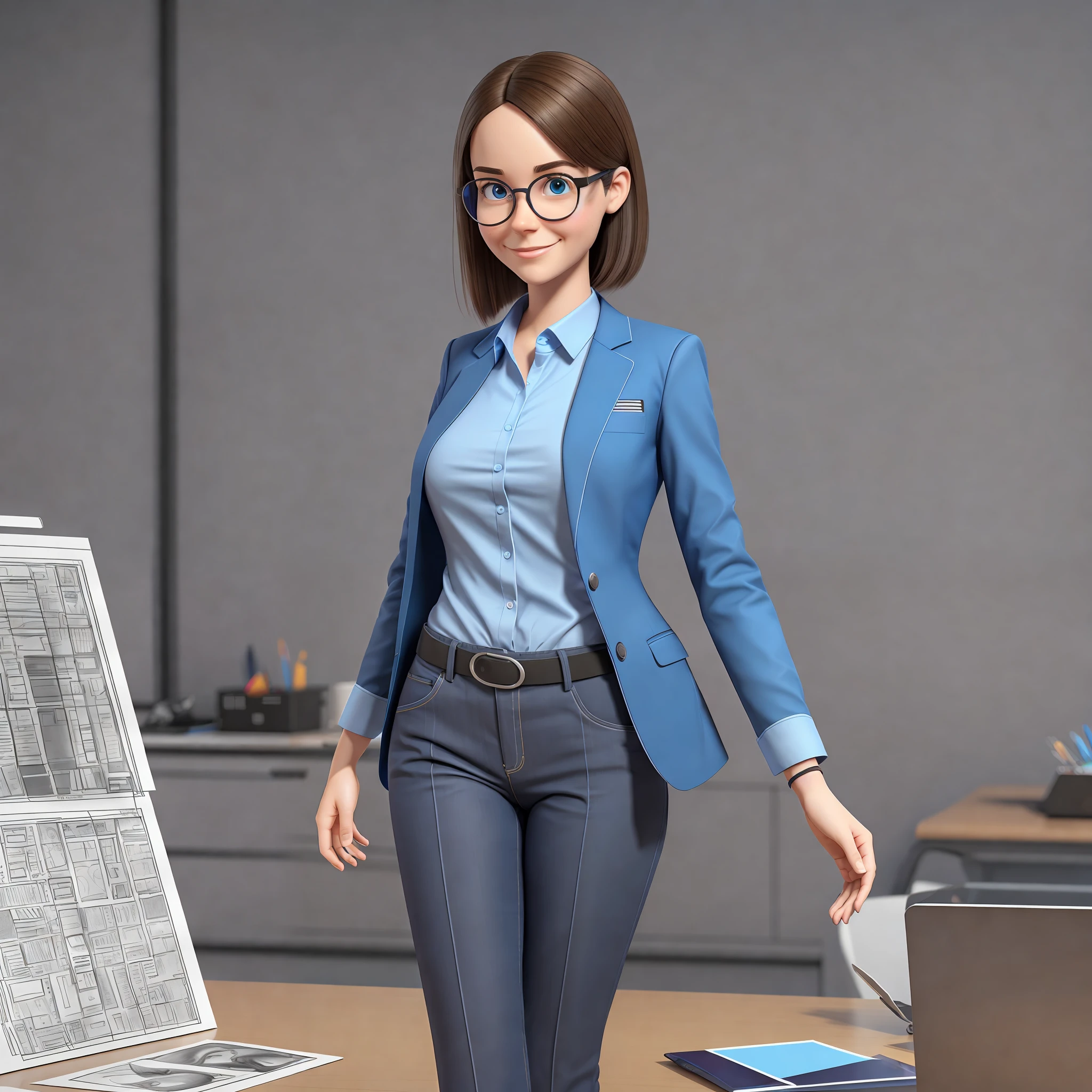 a drawing woman, realistic, happy, animated wearing glasses and a blue shirt, wearing suit, a 3D render of Pixar, contest winner, full body, cut, beautiful girl, pixabay, adafruit, furaffinity, vray tracing --auto --s2