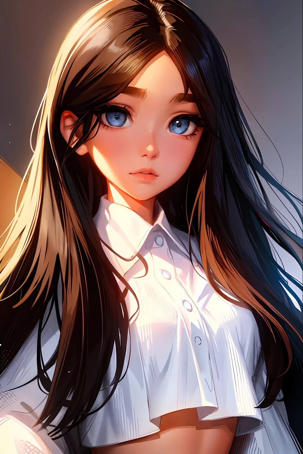 girl, detailed face, anime wide eyes, big dreamy eyes, smooth soft skin, beautiful intricate hair, hair between eyes, eyebrows visible through hair, looking at viewer, blue eyes, brown hair, navel, small breast