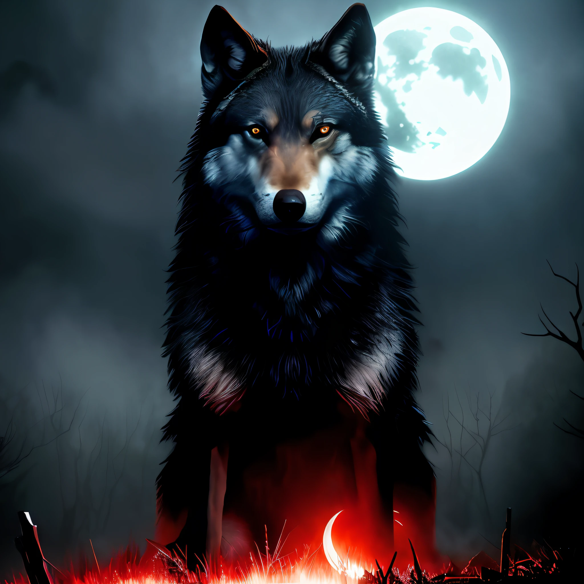 best quality, masterpiece,
a monster, god, holy, fog, big red bleeding eye and blood moon as background,
elden ring,wolf