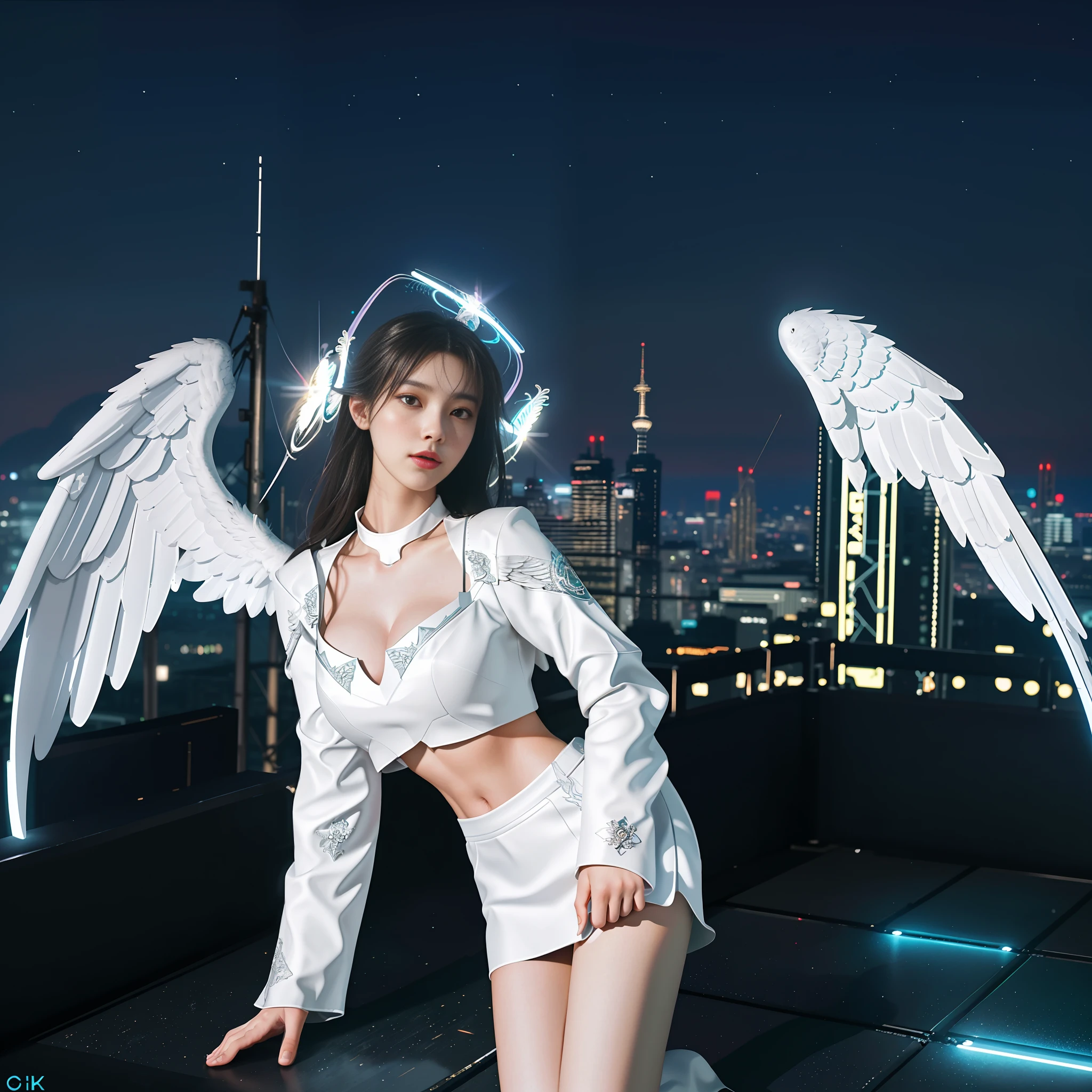 An angel, standing on the roof, beautiful white wings, exquisite facial details, night, neon, cyberpunk style, shot from the bottom net, full body picture, long legs, wide crotch, huge breasts, sexy, HD big picture, 8k, rich detail, beautiful picture, halo effect, starlight blessing, goddess level, absolutely beautiful