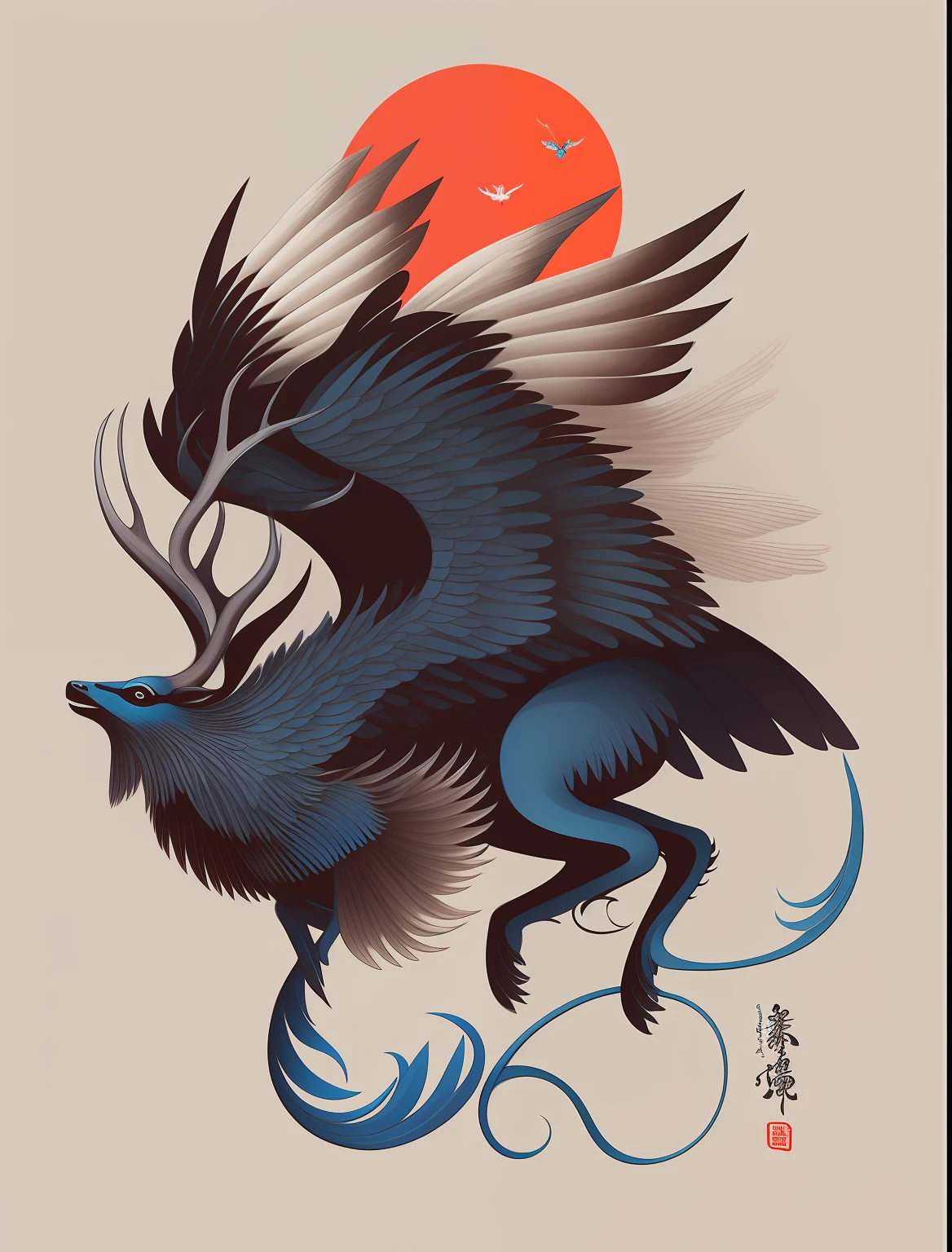 there is a blue deer with wings flying in the air, mythical creature, Ivan Belikov style, highly detailed vector art, a mythical creature, Ivan Belikov, flying mythical beasts, a beautiful art illustration, mythical creatures, intricate detailed illustration, fantasy creature, detailed intricate illustration, great digital art with details, fenrir, inspired by Summary of Japanese Painting History | Dictionary of Japanese Painters & Calligraphers-SHOGA, highly detailed illustration