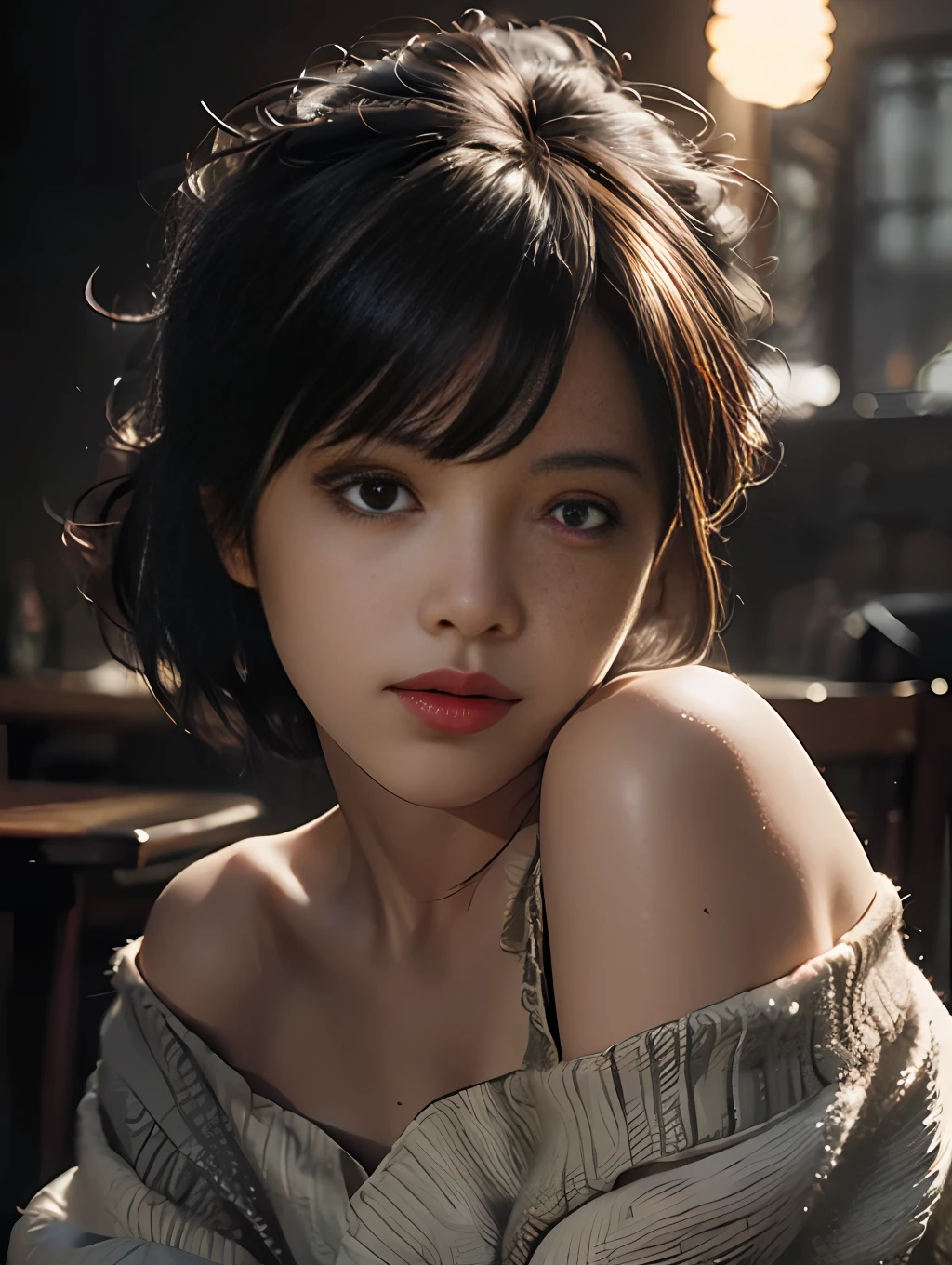 Best quality, masterpiece, ultra high res, (photorealistic:1.4), raw photo, 1girl, off shoulder, cinematic lighting, kiss poses