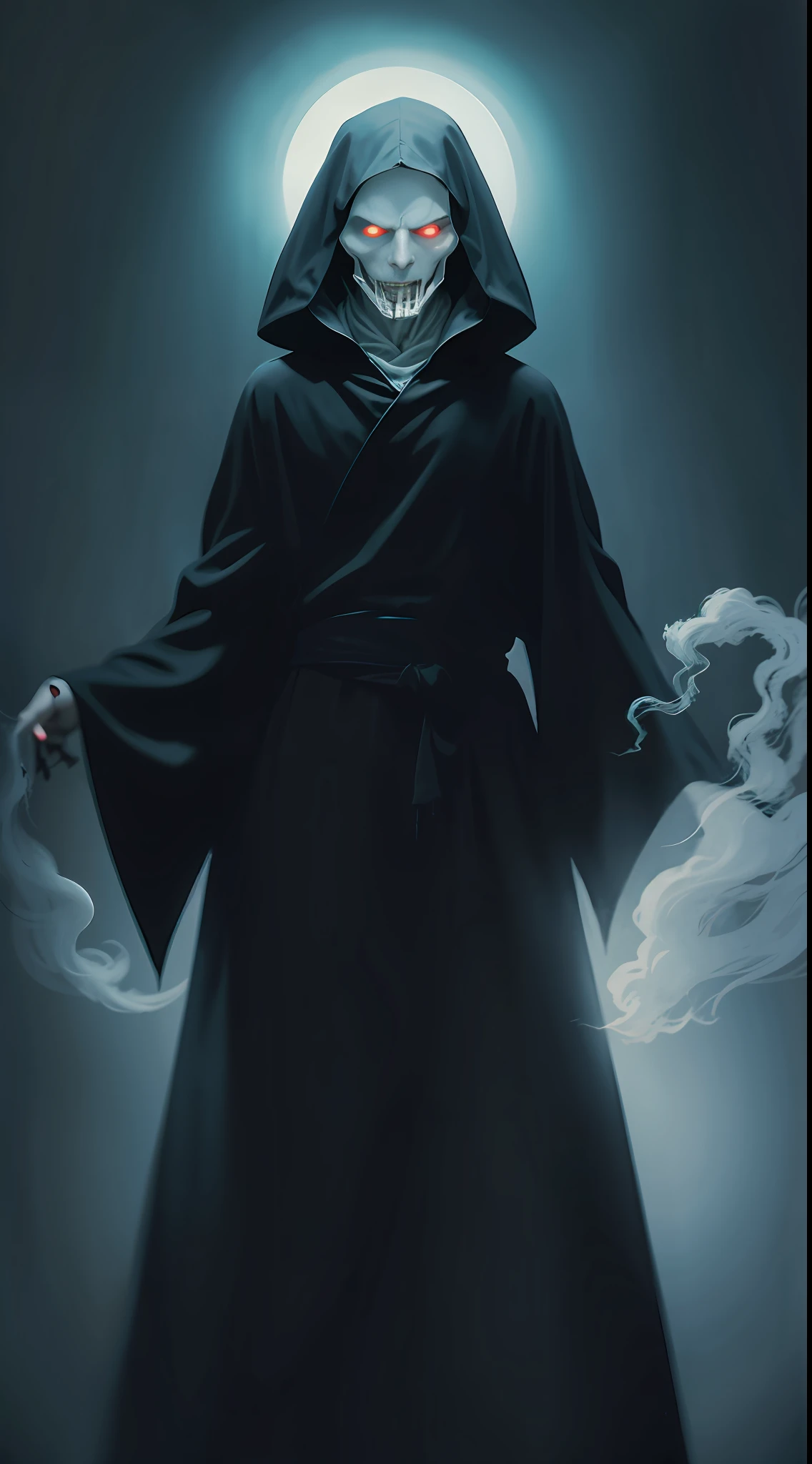 Ghost, Evil Ghost, Black Robe, Smoke, Horror, Pitch Black, Bloody, Spooky, Absurd, Sketch, Anime Key Visuals, Fog, Evil, Bauhaus Art, Dramatic Lighting, Mysterious