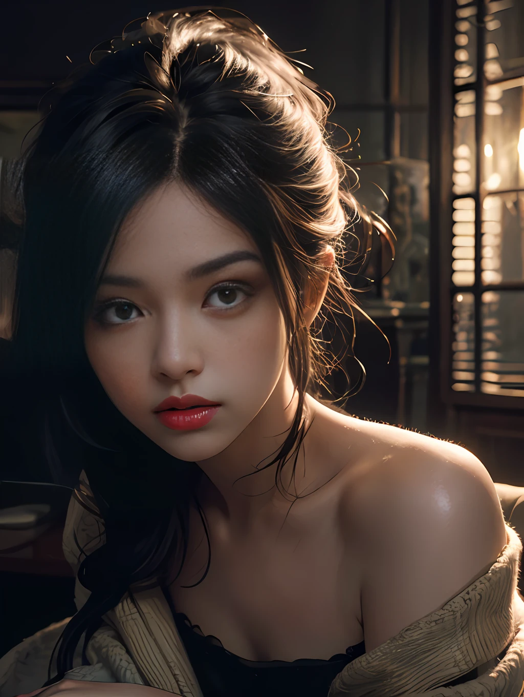 Best quality, masterpiece, ultra high res, (photorealistic:1.4), raw photo, 1girl, off shoulder, cinematic lighting, kiss poses