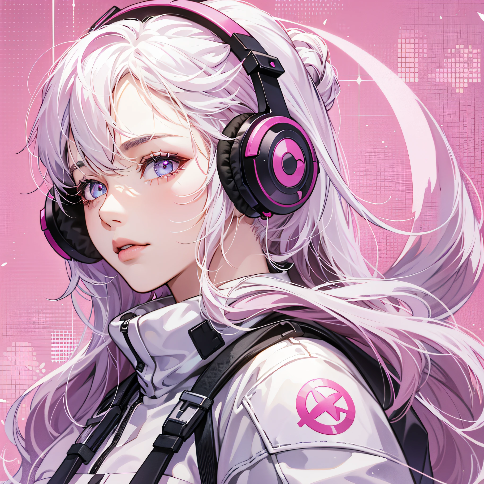 "Create a gamer girl, her white hair with headphones over her pink ears, her eyes match the same pink color, the background is predominantly pink, and the quality is over 4k. " --auto --s2