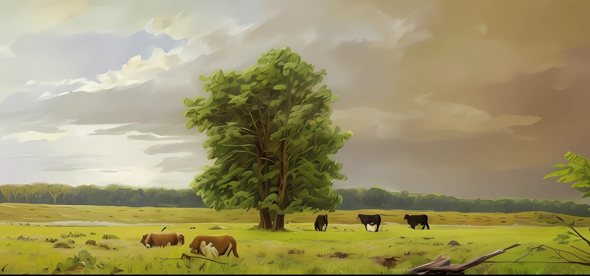 There are three cows standing in a field under a tree, some trees and a river in the background, pastoral environment, a beautiful digital art painting, trees in the background, some trees, with trees, tree in the background, trees in the background, some trees in the corner, random cows, sparse trees, in an open green field, pastoral, tree, cows, details. intricate, ultra realistic, 4k