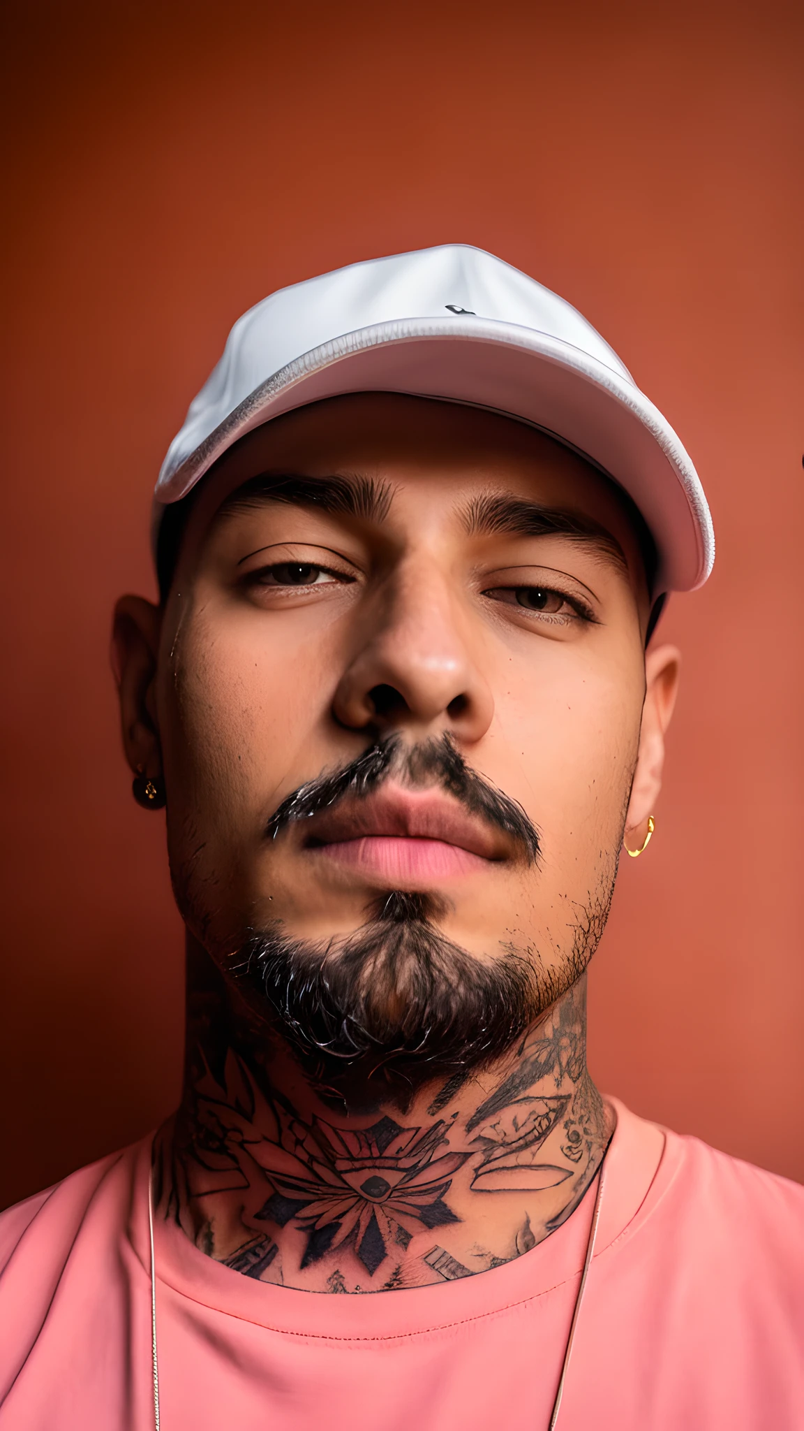 man with a white cap and a black t-shirt, man 18 years old, smooth face without imperfections, neck tattooed with mandala, mandala tattoo, gold earring, gold chain, half pink mouth, medium lips, half open eyes, goatee, hyperrealism, detailed realistic face, ultra realistic face, 8k uhd, (street aesthetic photography), moody, cinematic, (urban setting), (sunset lighting), (depth of field), (film grain), (low saturation), --seed, detailed portrait, shaded cell, 8k, sharp focus, volumetric lighting, cinematic lighting, studio quality, perfect nose, perfect mandala tattoo black, no beard and hair on the face, goatee only,