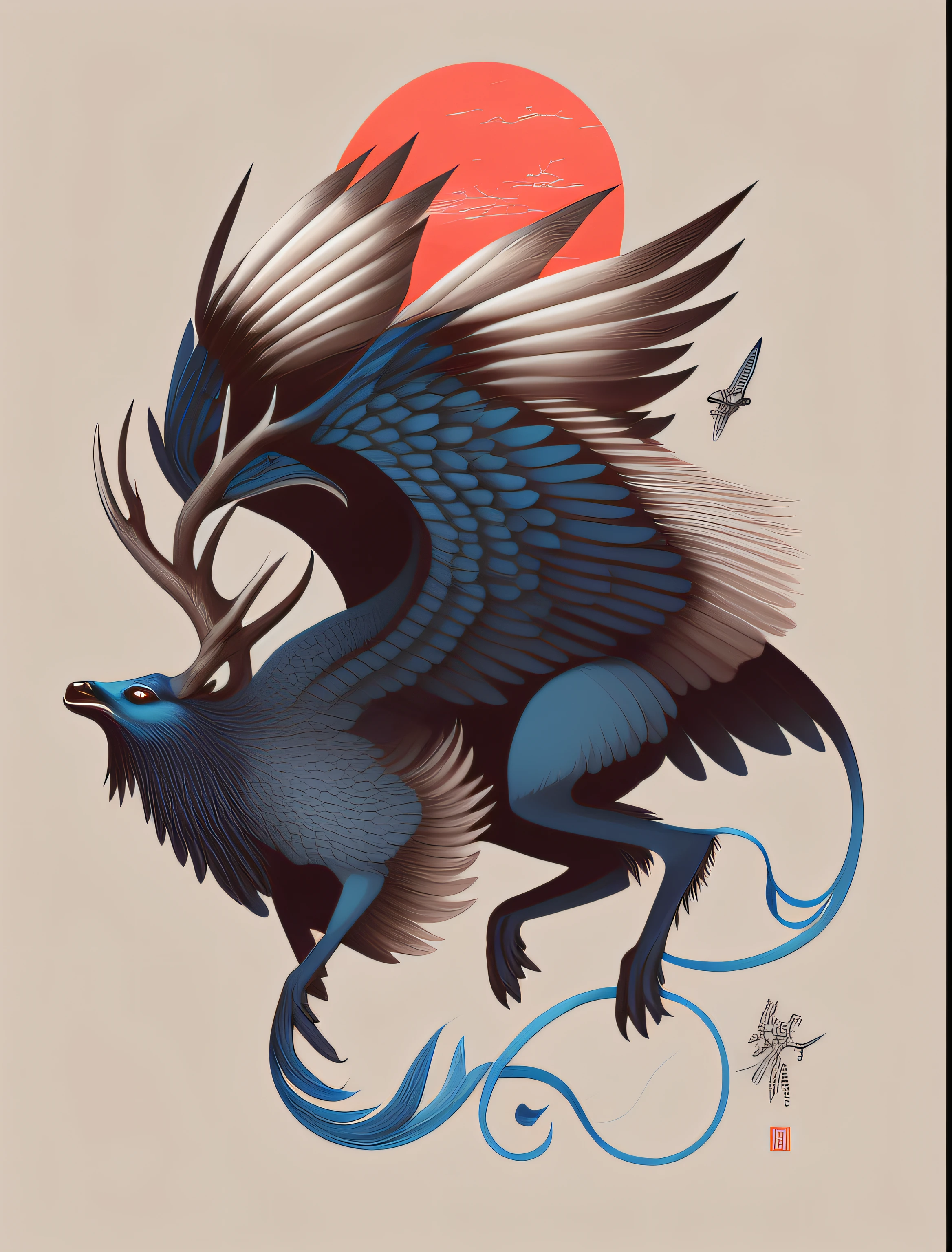 there is a blue deer with wings flying in the air, mythical creature, Ivan Belikov style, highly detailed vector art, a mythical creature, Ivan Belikov, flying mythical beasts, a beautiful art illustration, mythical creatures, intricate detailed illustration, fantasy creature, detailed intricate illustration, great digital art with details, fenrir, inspired by Summary of Japanese Painting History | Dictionary of Japanese Painters & Calligraphers-SHOGA, highly detailed illustration