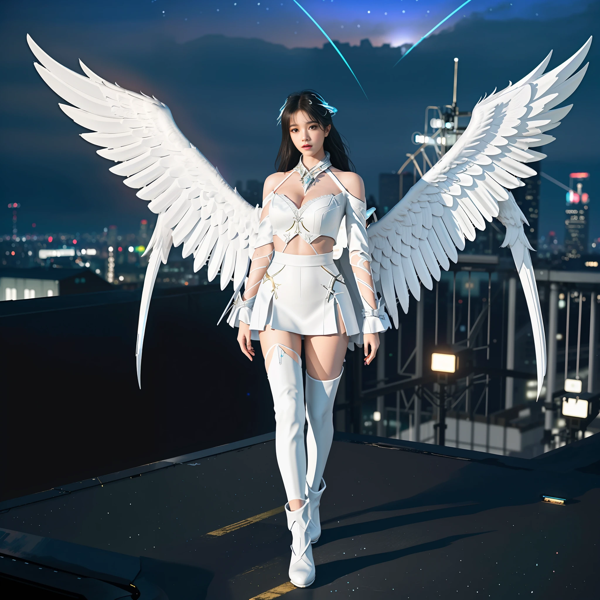 An angel, standing on the roof, beautiful white wings, exquisite facial details, night, neon, cyberpunk style, shot from the bottom net, full body picture, long legs, wide crotch, huge breasts, sexy, HD big picture, 8k, rich detail, beautiful picture, halo effect, starlight blessing, goddess level, absolutely beautiful