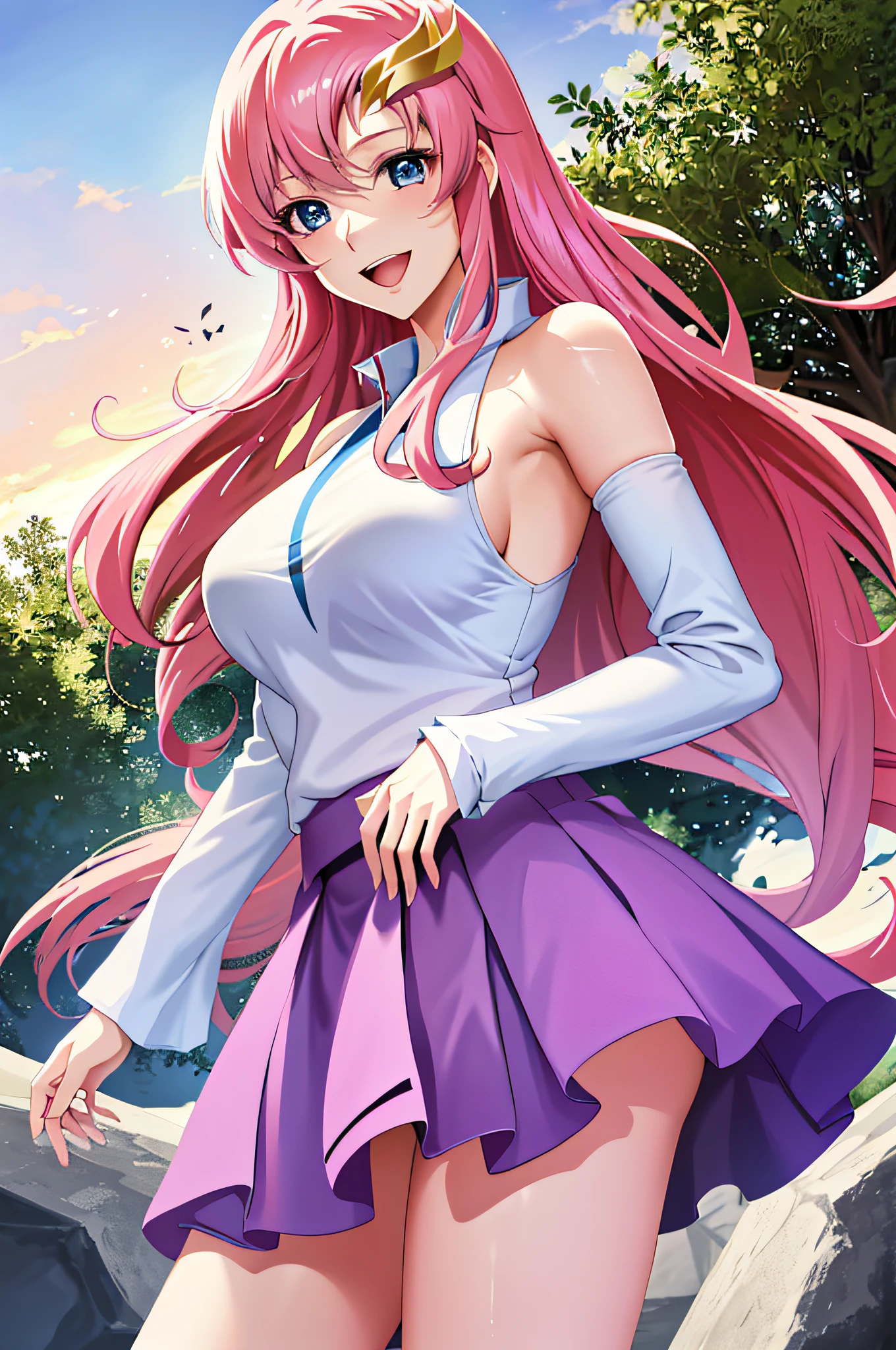 masterpiece, best quality, highres, anime, lacus1, 1girl, solo, lacus1, 1girl, solo, pink hair, straight hair, hair ornament, white detached sleeves, blue eyes, sexy bikini, very long hair, bare shoulders, large breasts, smile, open mouth, cowboy shot