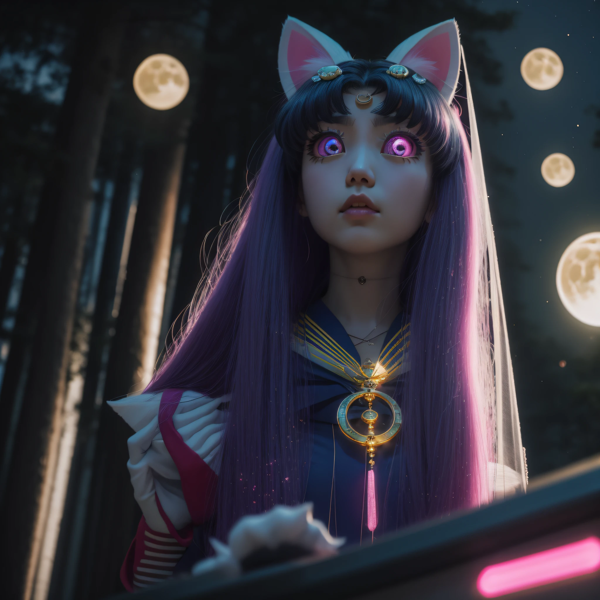 Moon Keiko Han/sailor moon cat, perfect angle, no cuts, award-winning photo, neon light, future, punk, cyberpunk style