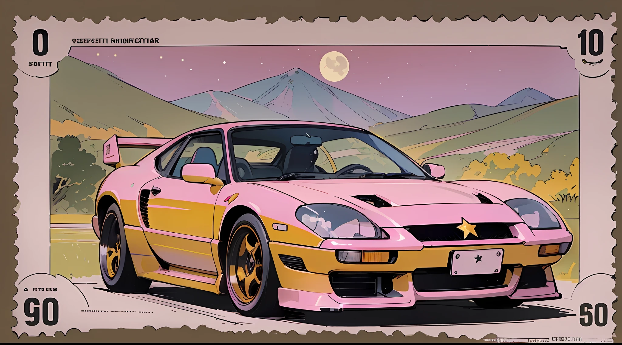 (masterpiece), (best quality), (best detail), (distant general view), (postage stamp),(main color of illustration: pastel pink), (secondary color: mustard yellow), a motorcycle (Japanese sports car of the 90's) driven by a woman with challenging stance, very detailed chassis, futuristic western scenery, night (many stars, moon), shading (detailed, much contrast), very saturated pulp colors