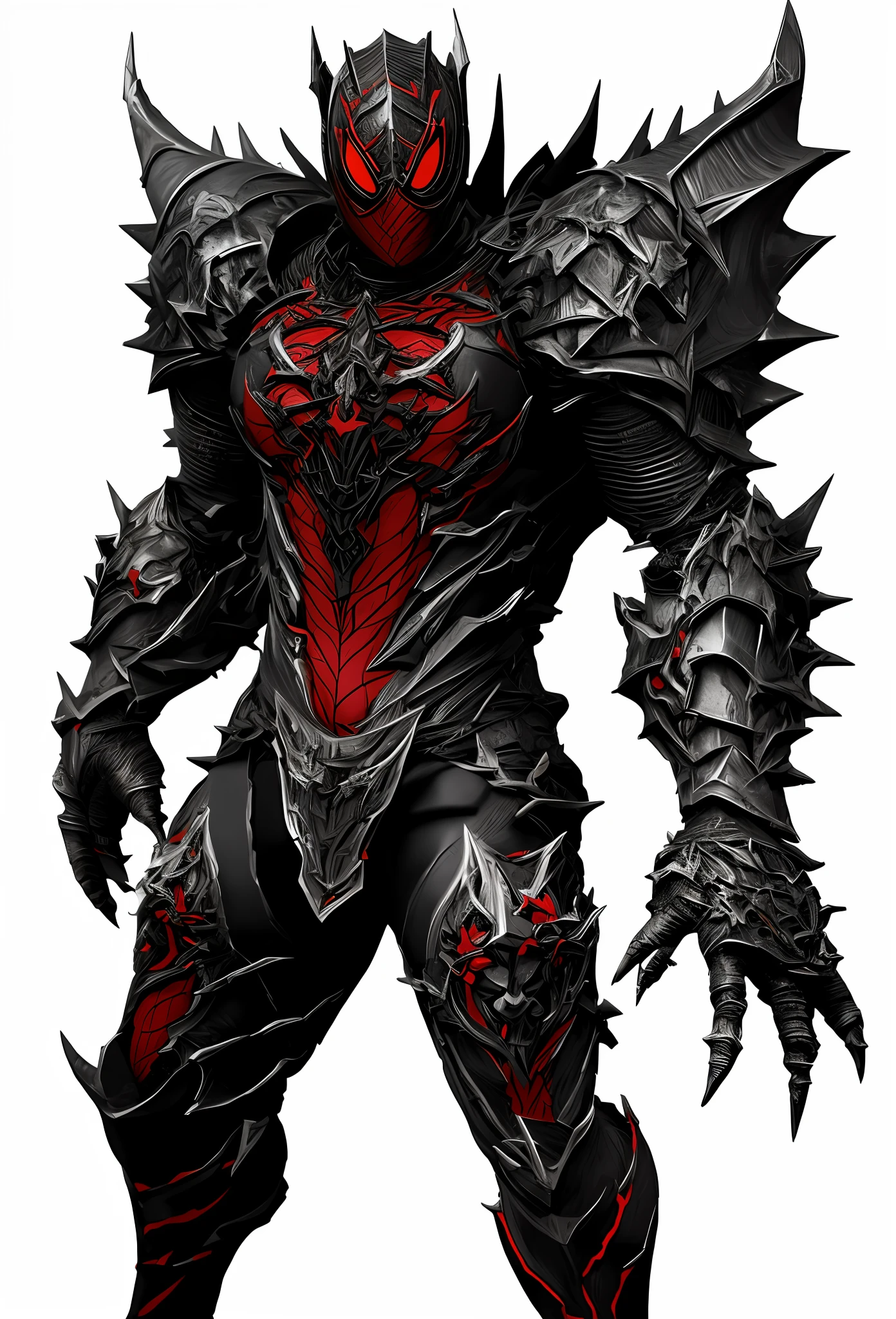 a close up of a drawing of a demonic creature with spikes, berserk skullknight black armor, sharp black armor, dark soul armor concept, intricate assasin mecha armor, black armor, black armour, black heavy armor, full samurai armor spiderman, sharp edged black armor, black shiny armor, heavy black obsidian armor, detailed full body concept, concept armor,esrk angelical armord red detailed,guts, anime beserk, dragon wings
