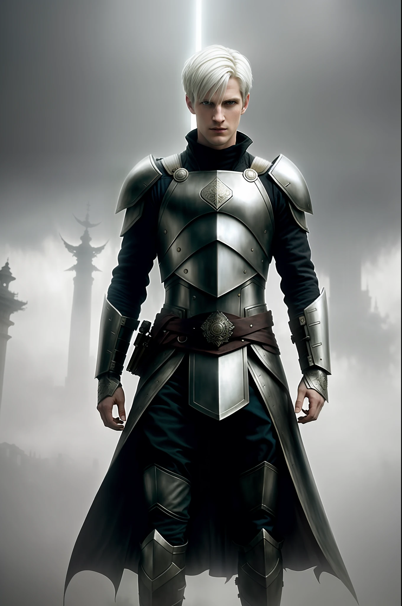 A white hair Matt smith as hero, in light armor, 2 swords hanging from the belt
(foggy background, epic realistic, rutkowski, hdr, intricate details, hyperdetalied, cinematic, rim light, muted color:1.2)