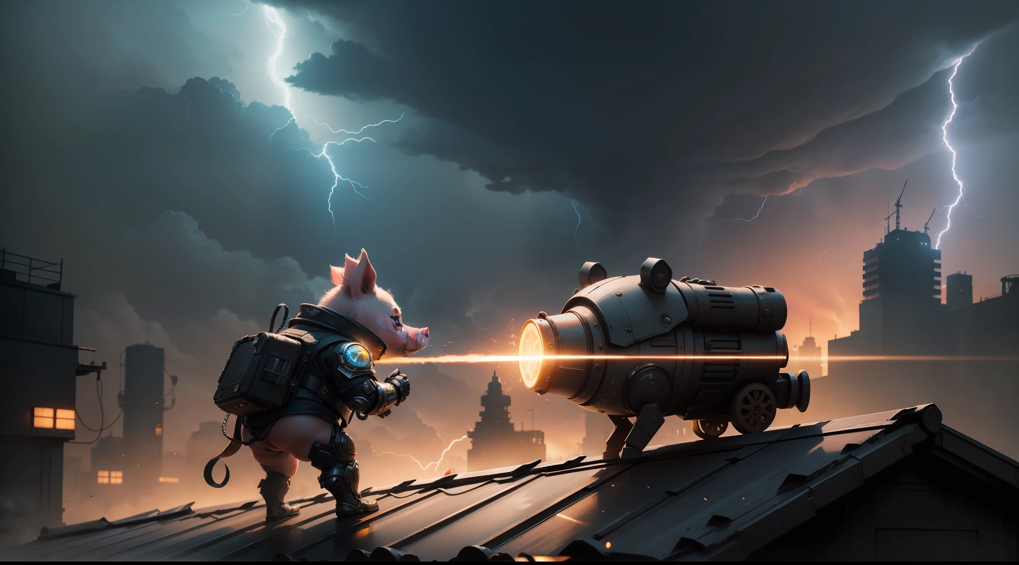 /imagine prompt: illustration of A little pig on the roof stood like a thunder god lifting a hammer ,Roof::6, A Little Pig Roaring in the Sky::15, Lightning strikes the little pig::15, Steampunk Pig::16, Lightning and thunder::15, rule of thirds composition::5, closeup view::6, Unreal Engine::10, Cyberpunk light::5, Cinematic light::11, Dramatic light::10, Fantasy::6, Cinematic::9, hyper quality::6, Futuristic Robots::2, Steampunk::13 --seed 252441588 --s 400 --q 2 --c 10