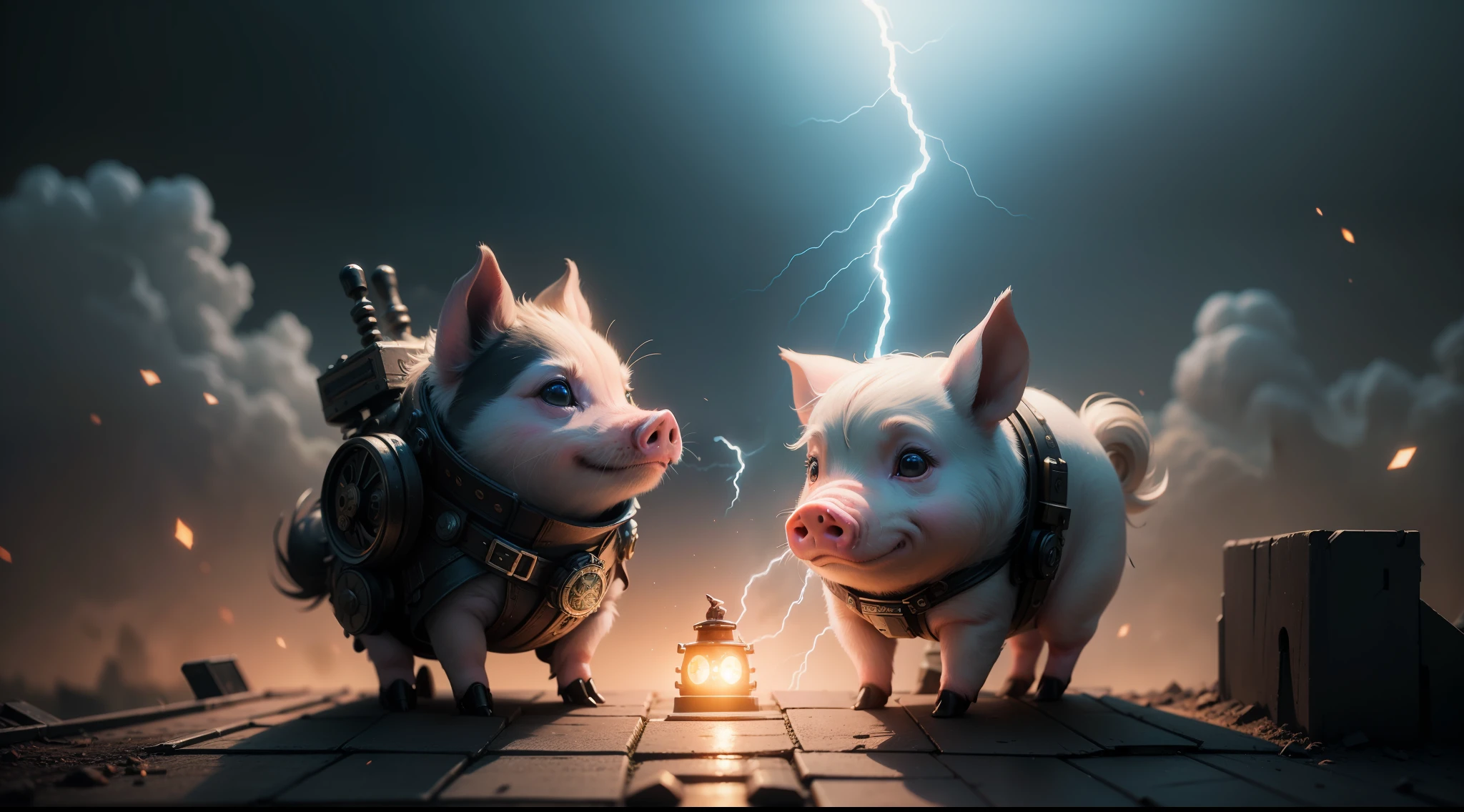 /imagine prompt: illustration of A little pig on the roof stood like a thunder god lifting a hammer ,Roof::6, A Little Pig Roaring in the Sky::15, Lightning strikes the little pig::15, Steampunk Pig::16, Lightning and thunder::15, rule of thirds composition::5, closeup view::6, Unreal Engine::10, Cyberpunk light::5, Cinematic light::11, Dramatic light::10, Fantasy::6, Cinematic::9, hyper quality::6, Futuristic Robots::2, Steampunk::13 --seed 252441588 --s 400 --q 2 --c 10