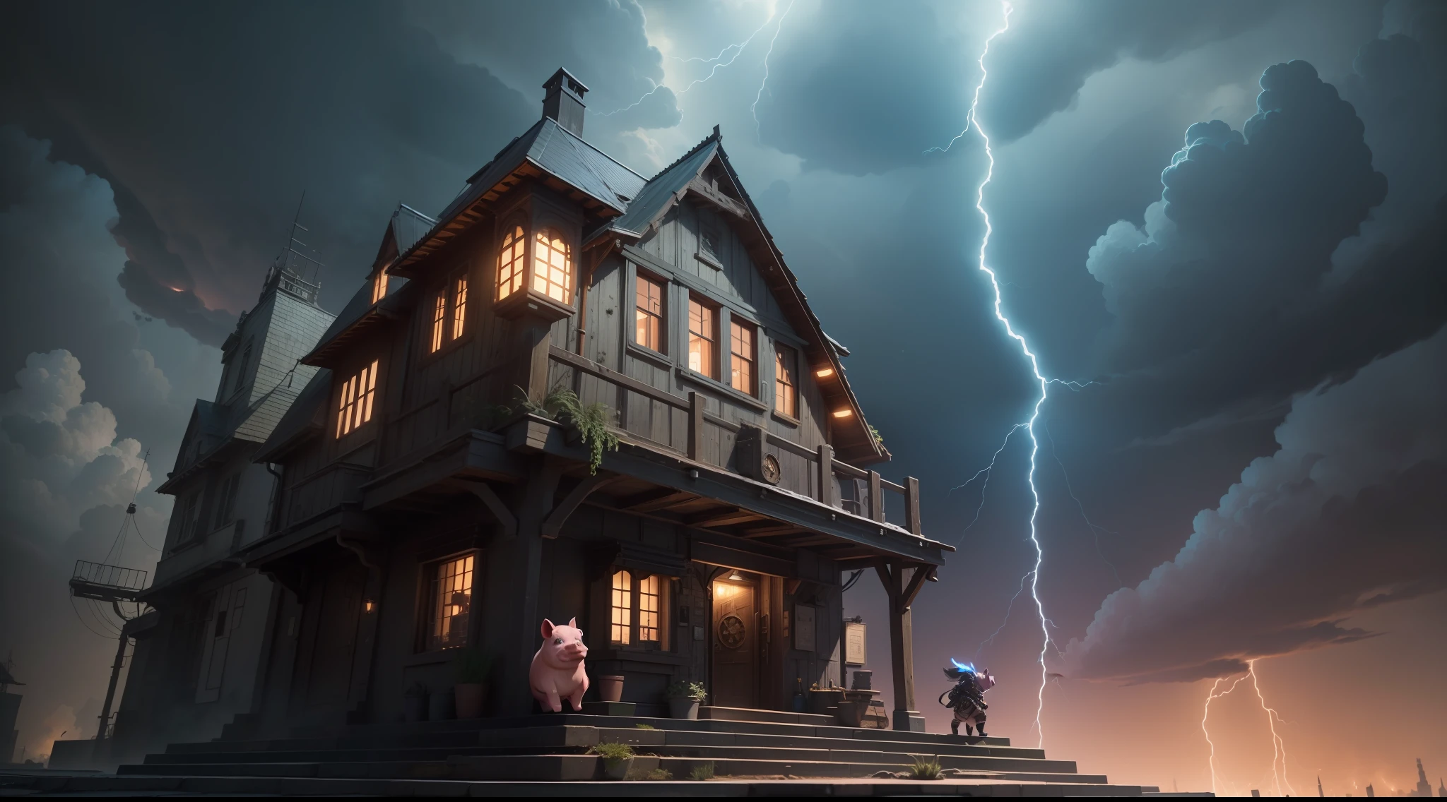 /imagine prompt: illustration of A little pig on the roof stood like a thunder god lifting a hammer ,Roof::6, A Little Pig Roaring in the Sky::15, Lightning strikes the little pig::15, Steampunk Pig::16, Lightning and thunder::15, rule of thirds composition::5, closeup view::6, Unreal Engine::10, Cyberpunk light::5, Cinematic light::11, Dramatic light::10, Fantasy::6, Cinematic::9, hyper quality::6, Futuristic Robots::2, Steampunk::13 --seed 252441588 --s 400 --q 2 --c 10