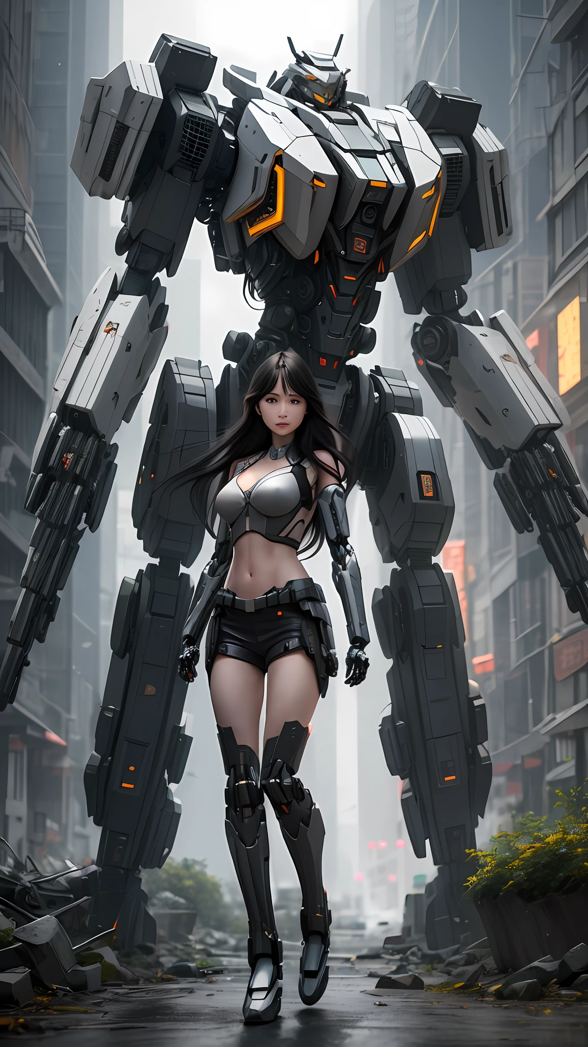 stone diagram mecha,
( pureerosface_v1:0.5), rhyme mold,
Realistic photography, high quality, 8k resolution, real photos, (((mecha girl with long hair, black hair, medium breasts,)), delicate face, Chinese girl, skinny, navel), ground covered with rubble, ruins, shitu-mecha behind the girl, magnificent, full body, mysterious, photo by Brandon Wolfermist, surreal dreams, gray atmosphere, rainy days, dynamic, LUT, hdrm professional lighting, photon mapping, radiosity, physically based rendering, Delicate realism, dynamic and expressive animation,
(Black and gray style: 1.3),