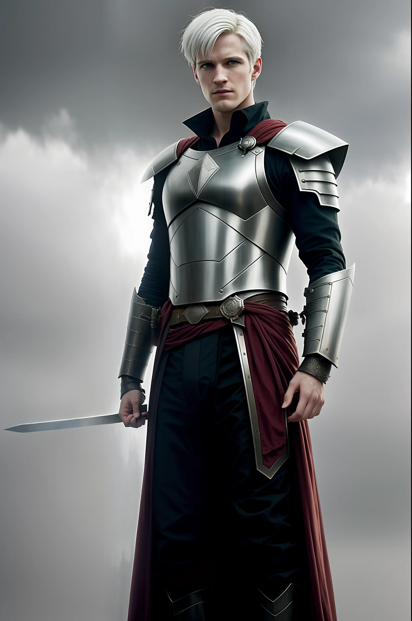 A white hair Matt smith as hero, in light armor, 2 swords hanging from the belt
(foggy background, epic realistic, rutkowski, hdr, intricate details, hyperdetalied, cinematic, rim light, muted color:1.2)