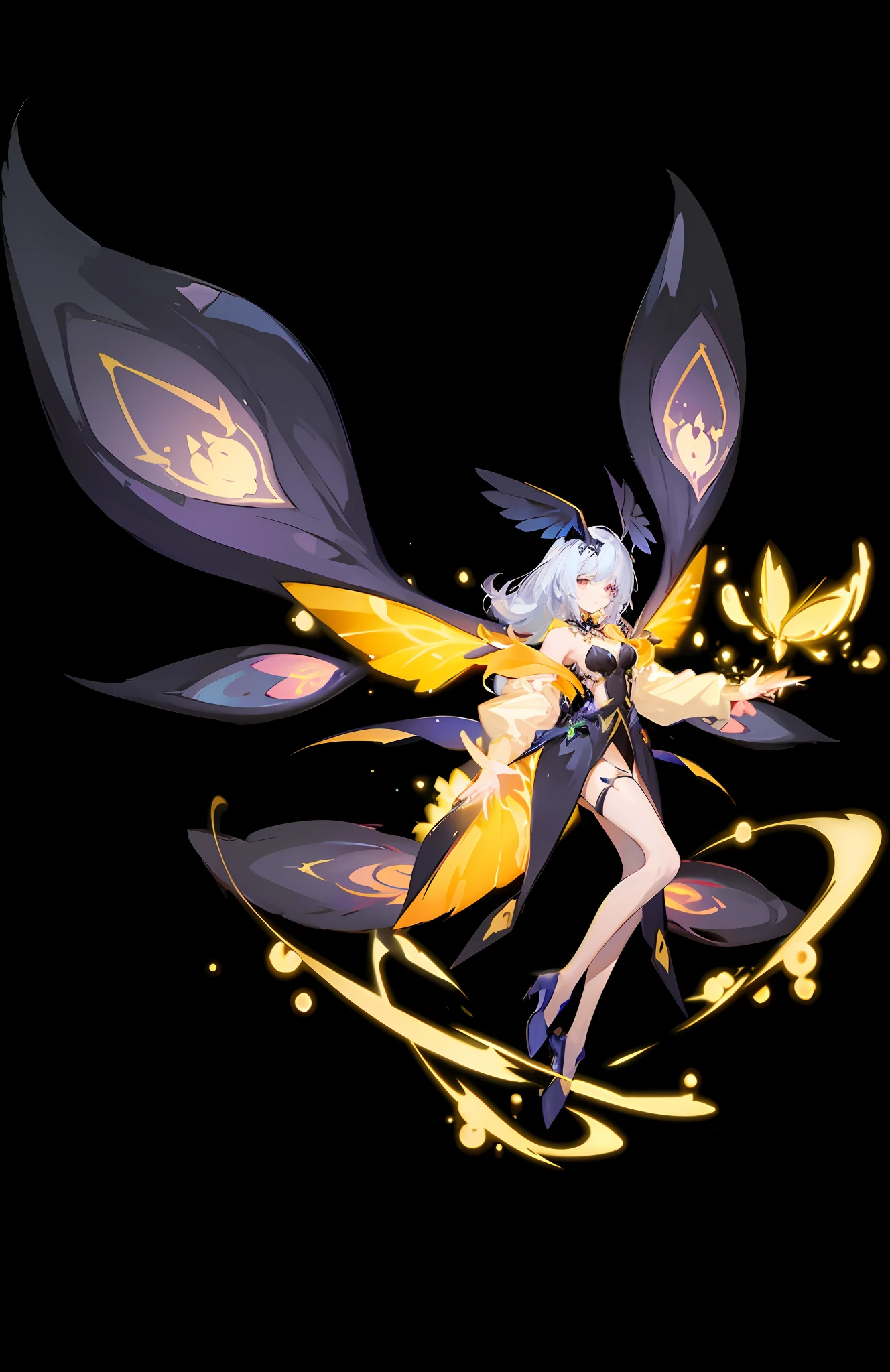 Anime, a female character wearing a yellow and black dress and wings, incarnated as an astral fairy and a butterfly goddess of fire, with a Duelyst style and dark aura, beautiful character art and fantasy concept art, similar to an insect trainer girl, with large white glowing wings and high texture of official artwork, shocking hell fairy shape, golden wings that highlight the flame and transformation core, creating a grand picture effect.