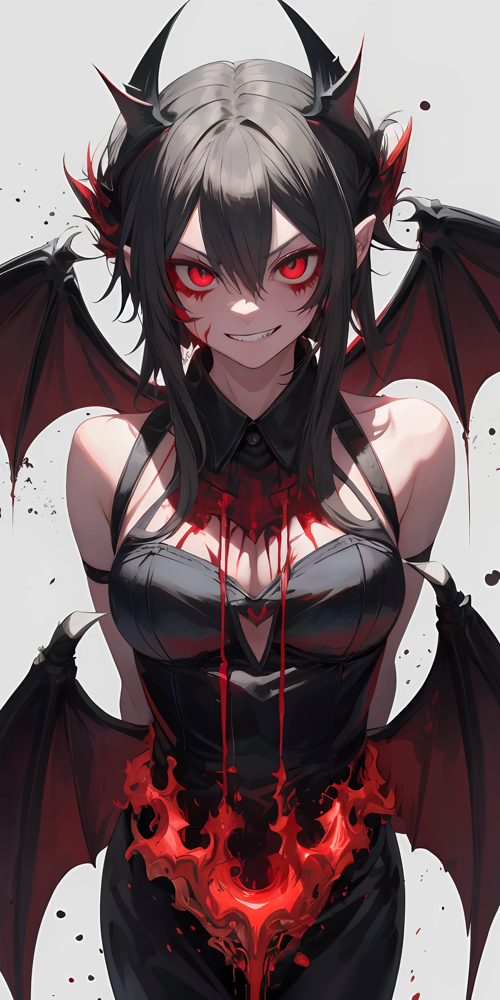 Red eyes, vampir teeth fangs, booldy face, blood out of mouth, smirk,bat wings, scary smile, psychopathic smirk, psychopathic smile, scary, mouth opem, angry eyes, vampire, dark hall background, red + blue + green