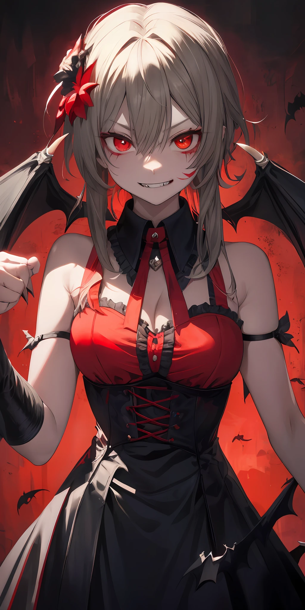 Red eyes, vampir teeth fangs, booldy face, blood out of mouth, smirk,bat wings, scary smile, psychopathic smirk, psychopathic smile, scary, mouth opem, angry eyes, vampire, dark hall background, red + blue + green