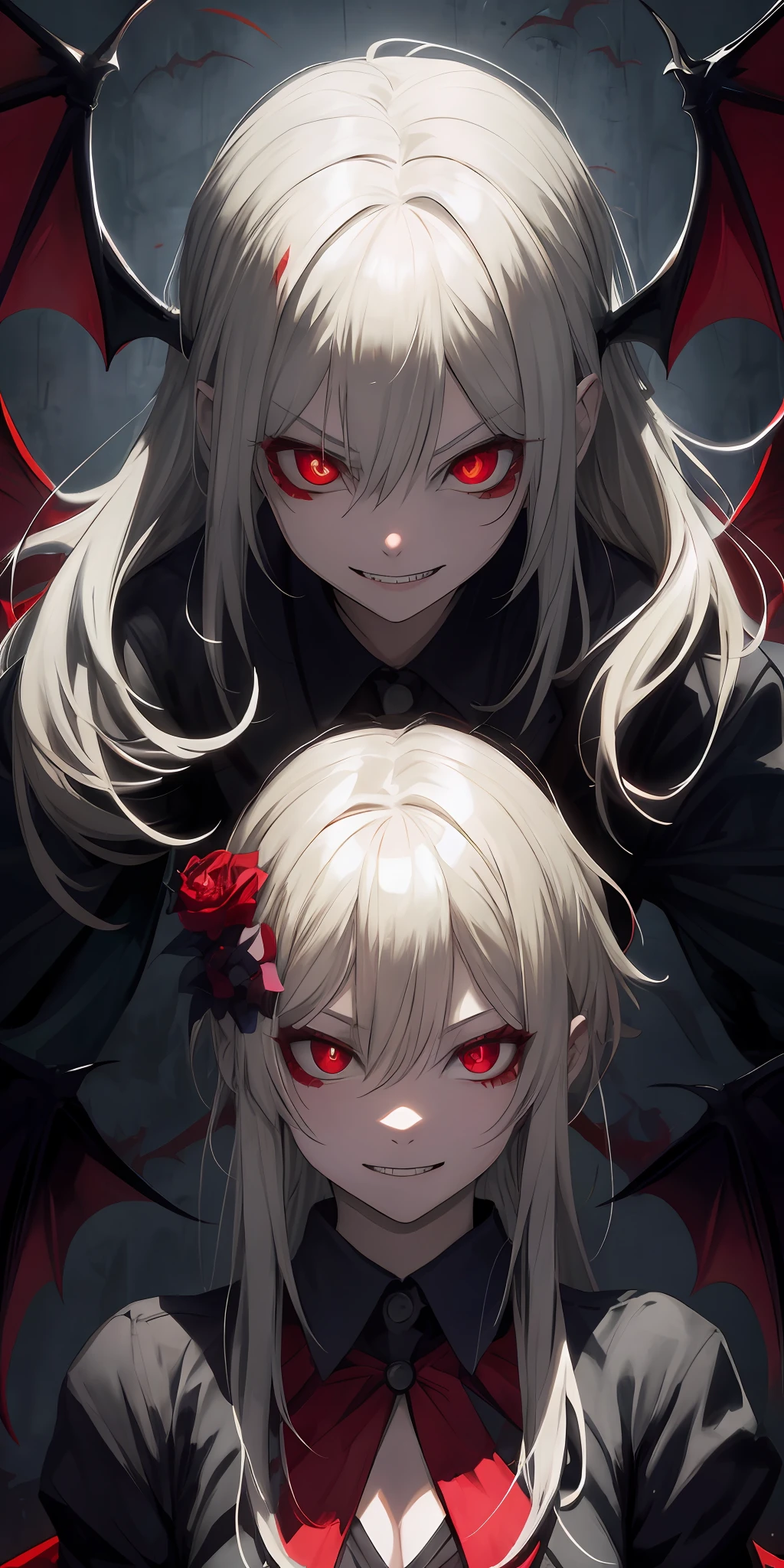 Red eyes, vampir teeth fangs, booldy face, blood out of mouth, smirk,bat wings, scary smile, psychopathic smirk, psychopathic smile, scary, mouth opem, angry eyes, vampire, dark hall background, red + blue + green