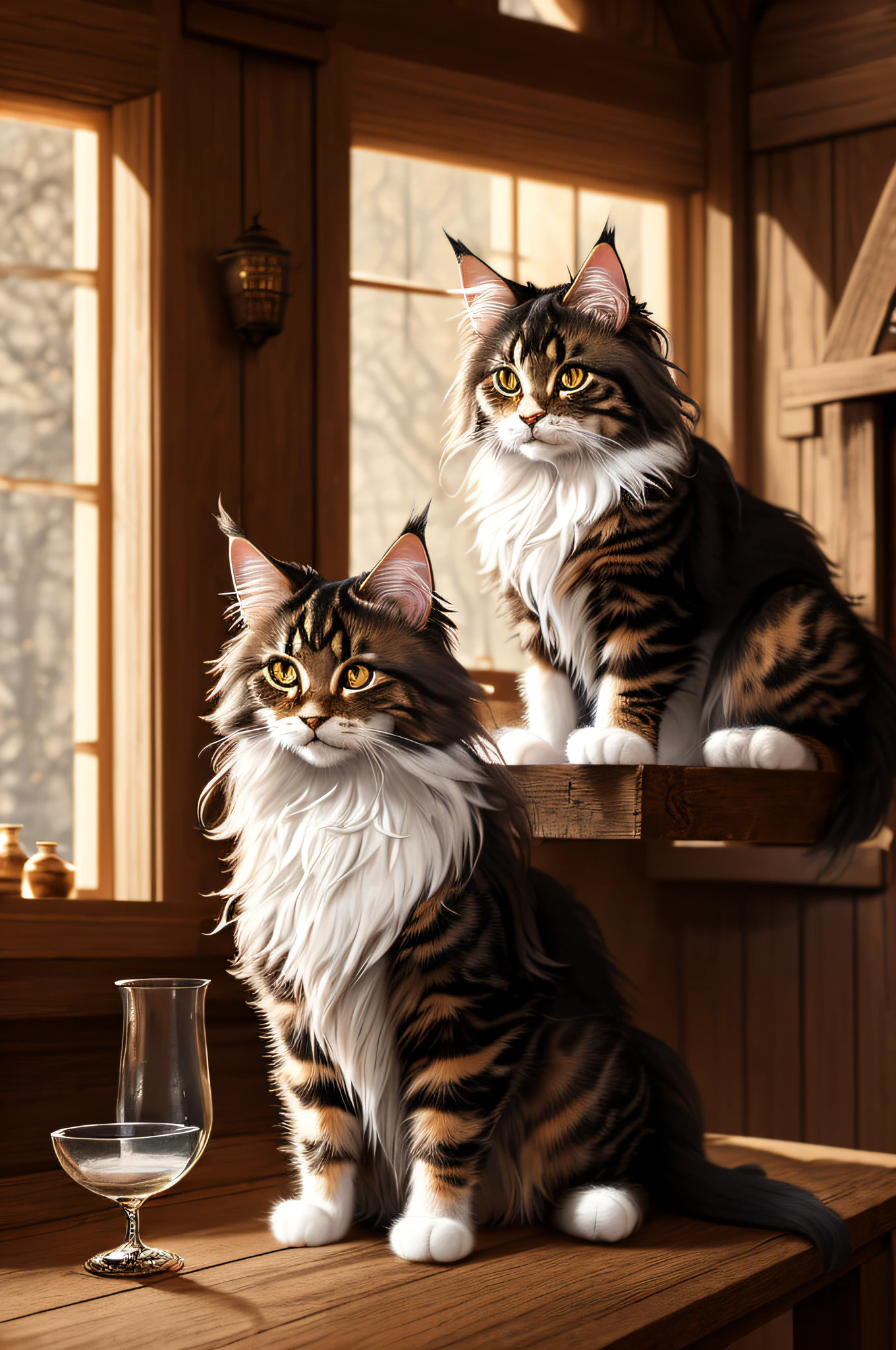 modelshoot style, 8k, portrait of a cute maine coon cat sitting on a wooden table in a medieval tavern, detailed fur, trending on ArtStation, trending on CGSociety, Intricate, High Detail, Sharp focus, dramatic lighting, digital painting, digital art, by artgerm, by Liang Xing, by WLOP