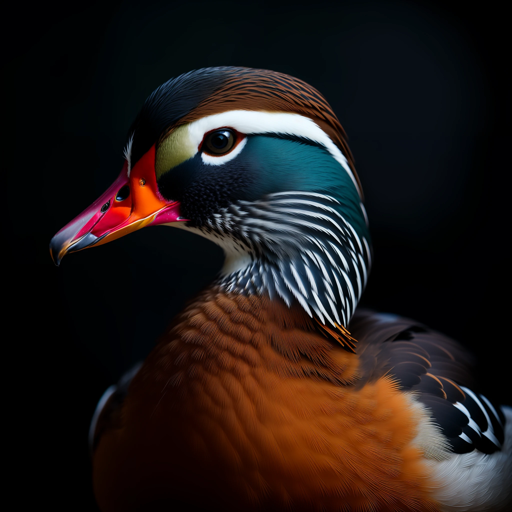 ncredibly detailed macro Mandarin duck, silhouettes, minimalistic composition, harmonious balance, light vs. dark, calm and contrasting, soft and dramatic lighting, strong contrast, precise focus, shallow depth of field, shot on hasselblad medium format cameras at f/1.4, night, natural lighting, photographed by shihya kowatari Hyper realistic, Hyper detailed, 8k, hyper realistic - Image