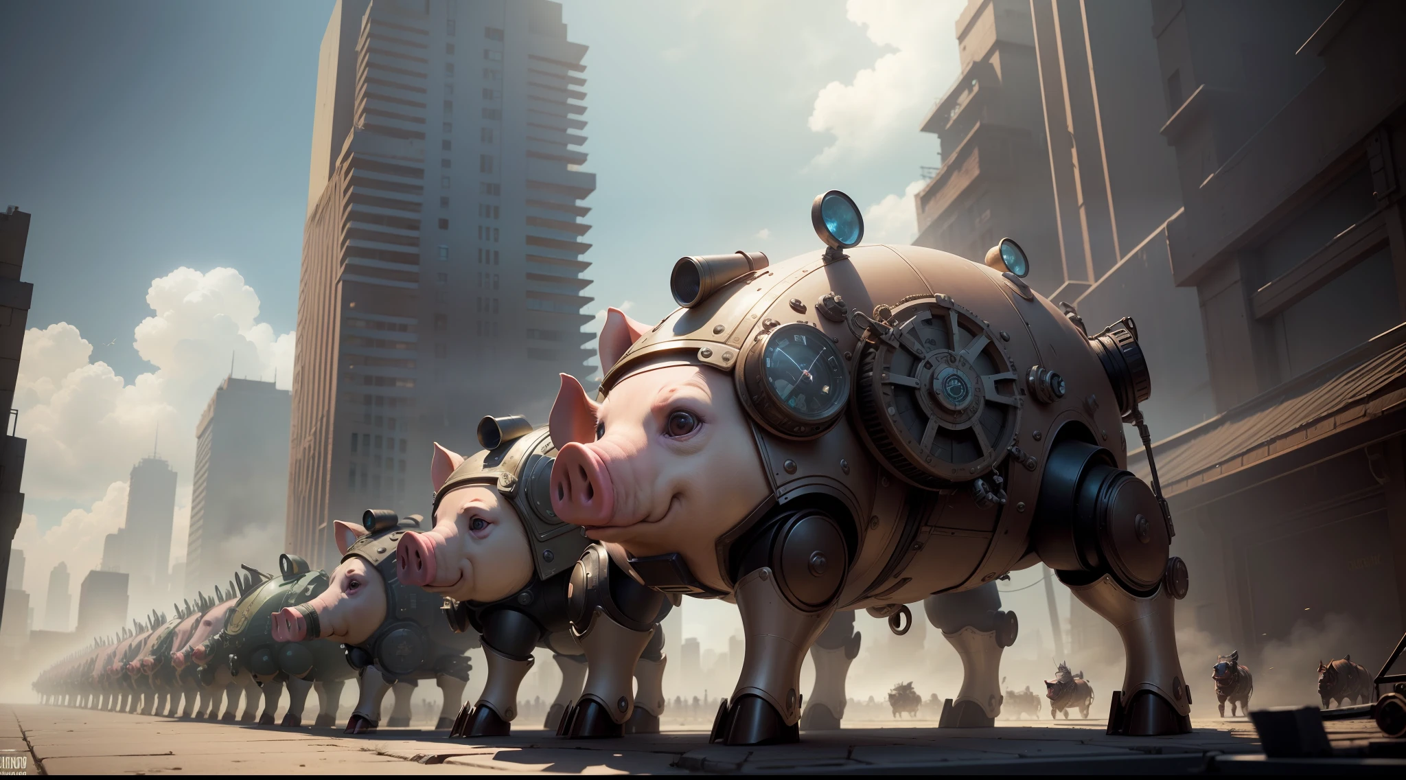 /imagine prompt: illustration of The epic Steampunk pig regiment moves towards the camera ,Rooftop::6, Many punk pigs::15, Big Pig::15, Steampunk Pig::16, Piglet::15, rule of thirds composition::5, third-person perspective::6, Unreal Engine::10, Cyberpunk light::5, Cinematic light::11, Dramatic light::10, Fantasy::6, Cinematic::9, hyper quality::6, Futuristic Robots::10, Steampunk::13 --seed 252441588 --s 400 --q 2 --c 10