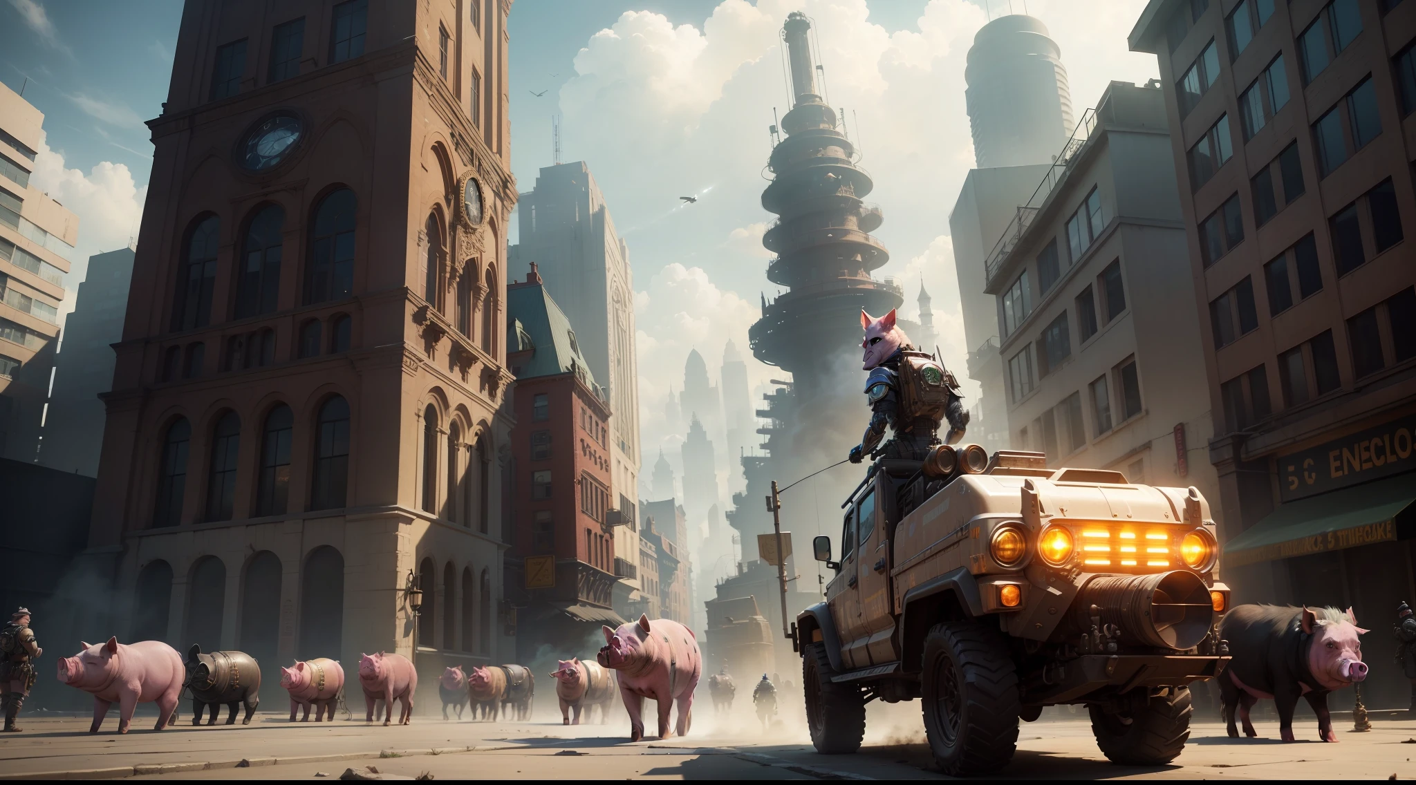 /imagine prompt: illustration of The epic Steampunk pig regiment moves towards the camera ,Rooftop::6, Many punk pigs::15, Big Pig::15, Steampunk Pig::16, Piglet::15, rule of thirds composition::5, third-person perspective::6, Unreal Engine::10, Cyberpunk light::5, Cinematic light::11, Dramatic light::10, Fantasy::6, Cinematic::9, hyper quality::6, Futuristic Robots::10, Steampunk::13 --seed 252441588 --s 400 --q 2 --c 10