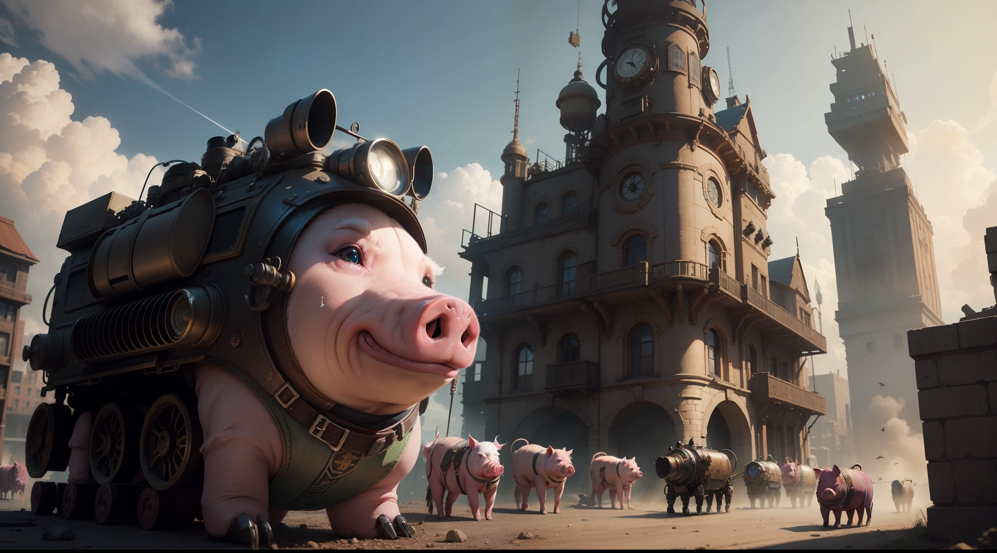/imagine prompt: illustration of The epic Steampunk pig regiment moves towards the camera ,Rooftop::6, Many punk pigs::15, Big Pig::15, Steampunk Pig::16, Piglet::15, rule of thirds composition::5, third-person perspective::6, Unreal Engine::10, Cyberpunk light::5, Cinematic light::11, Dramatic light::10, Fantasy::6, Cinematic::9, hyper quality::6, Futuristic Robots::10, Steampunk::13 --seed 252441588 --s 400 --q 2 --c 10