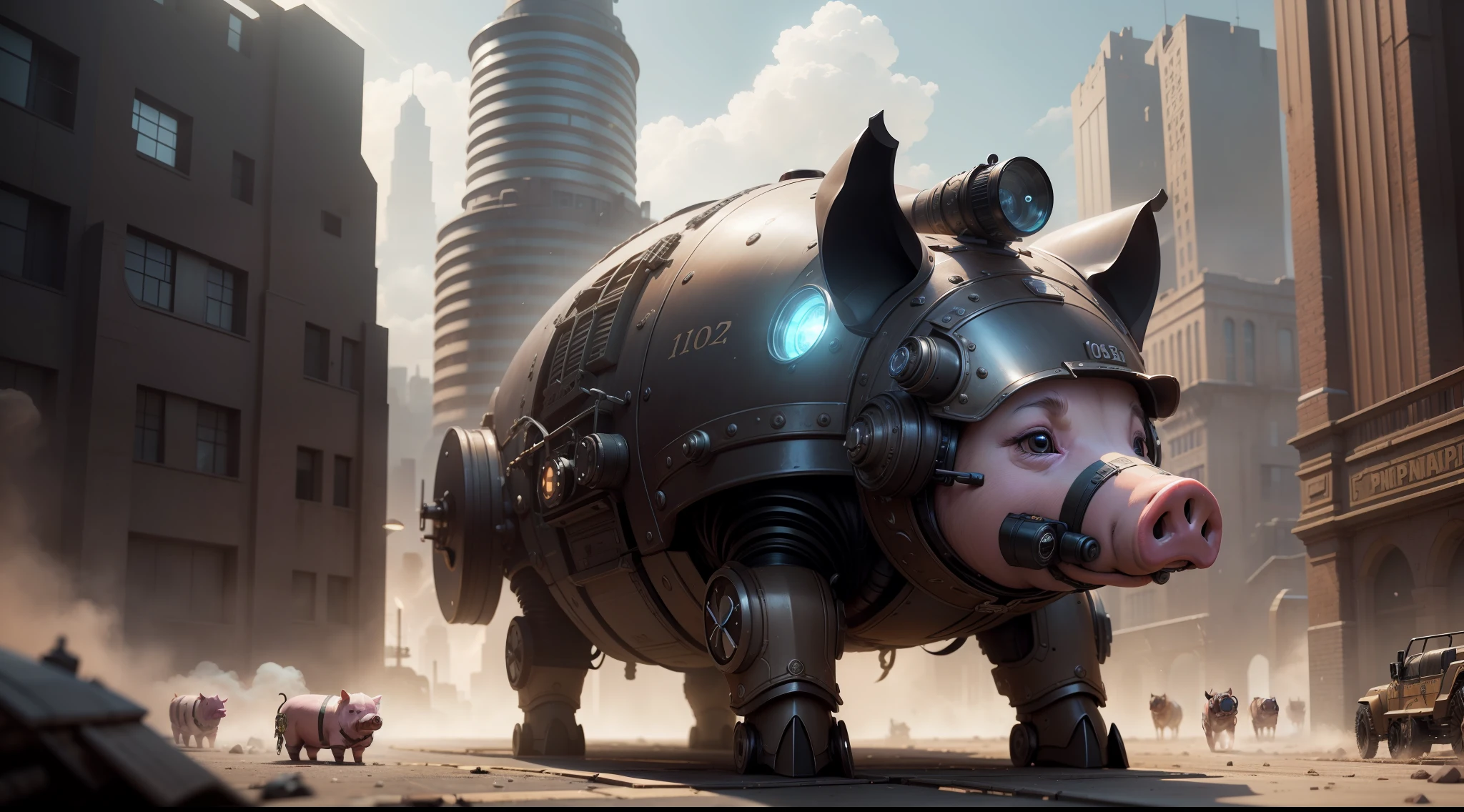 /imagine prompt: illustration of The epic Steampunk pig regiment moves towards the camera ,Rooftop::6, Many punk pigs::15, Big Pig::15, Steampunk Pig::16, Piglet::15, rule of thirds composition::5, third-person perspective::6, Unreal Engine::10, Cyberpunk light::5, Cinematic light::11, Dramatic light::10, Fantasy::6, Cinematic::9, hyper quality::6, Futuristic Robots::10, Steampunk::13 --seed 252441588 --s 400 --q 2 --c 10