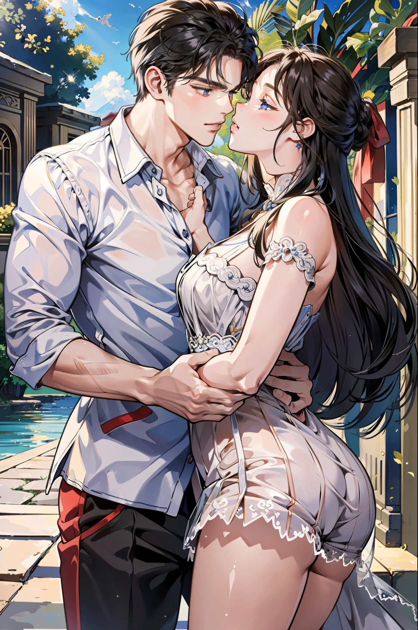 ((masterpiece, best quality)), ultra-detailed, ultra-precise image, ultra-detailed image, (dynamic pose), beautiful background, guy and girl, guy kissing girl, masterpiece, kiss, sexy, in love