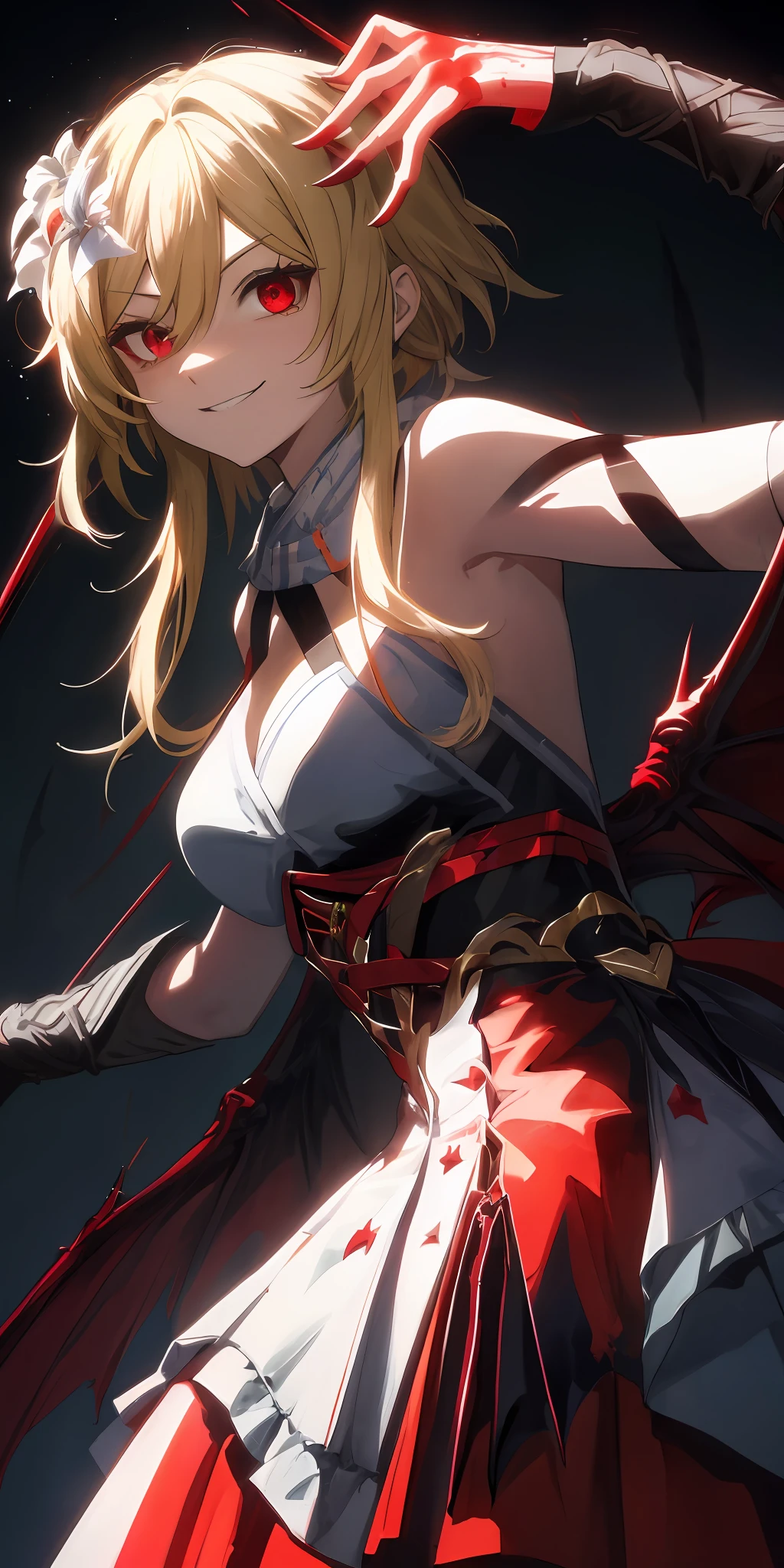 Red eyes, vampir teeth fangs, booldy face, blood out of mouth, smirk,bat wings, scary smile, psychopathic smirk, psychopathic smile, scary, mouth opem, angry eyes, vampire, dark hall background, red + blue + green