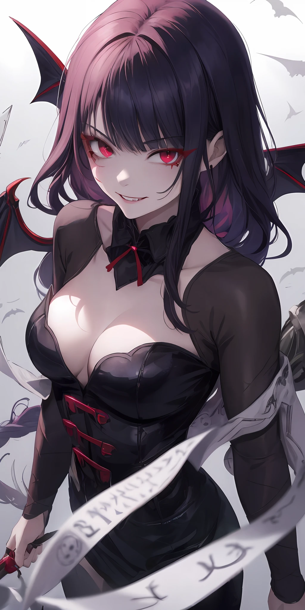 Red eyes, vampir teeth fangs, booldy face, blood out of mouth, smirk,bat wings, scary smile, psychopathic smirk, psychopathic smile, scary, mouth opem, angry eyes, vampire, dark hall background, red + blue + green