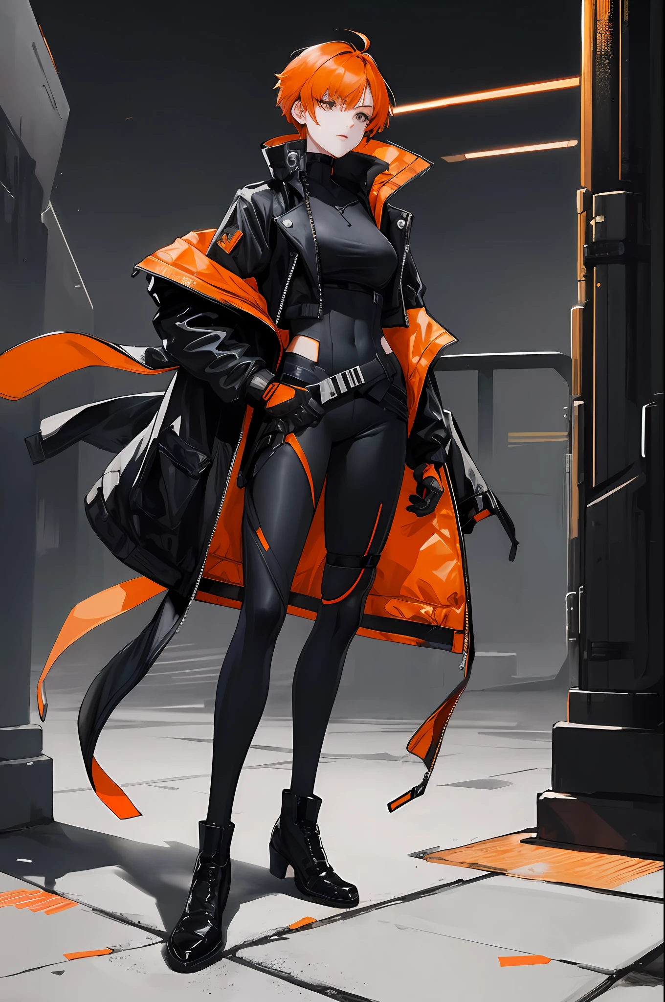 (Prompt start) Cyberpunk, full body portrait, dark background, dynamic pose, facing camera woman with short orange hair and black jacket. (Prompt end)