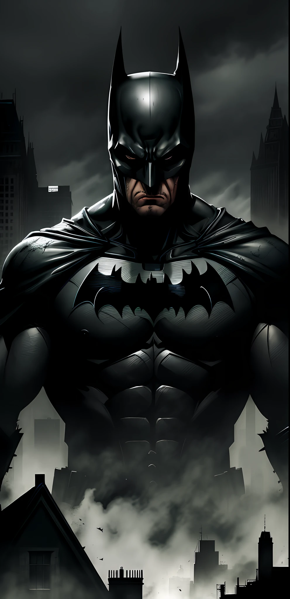 (masterpiece), best quality, dark and gritty, terrifying, Batman, brooding atmosphere, intense shadows, stark contrasts, cityscape, Gothic architecture, unsettling ambience, dramatic angles.