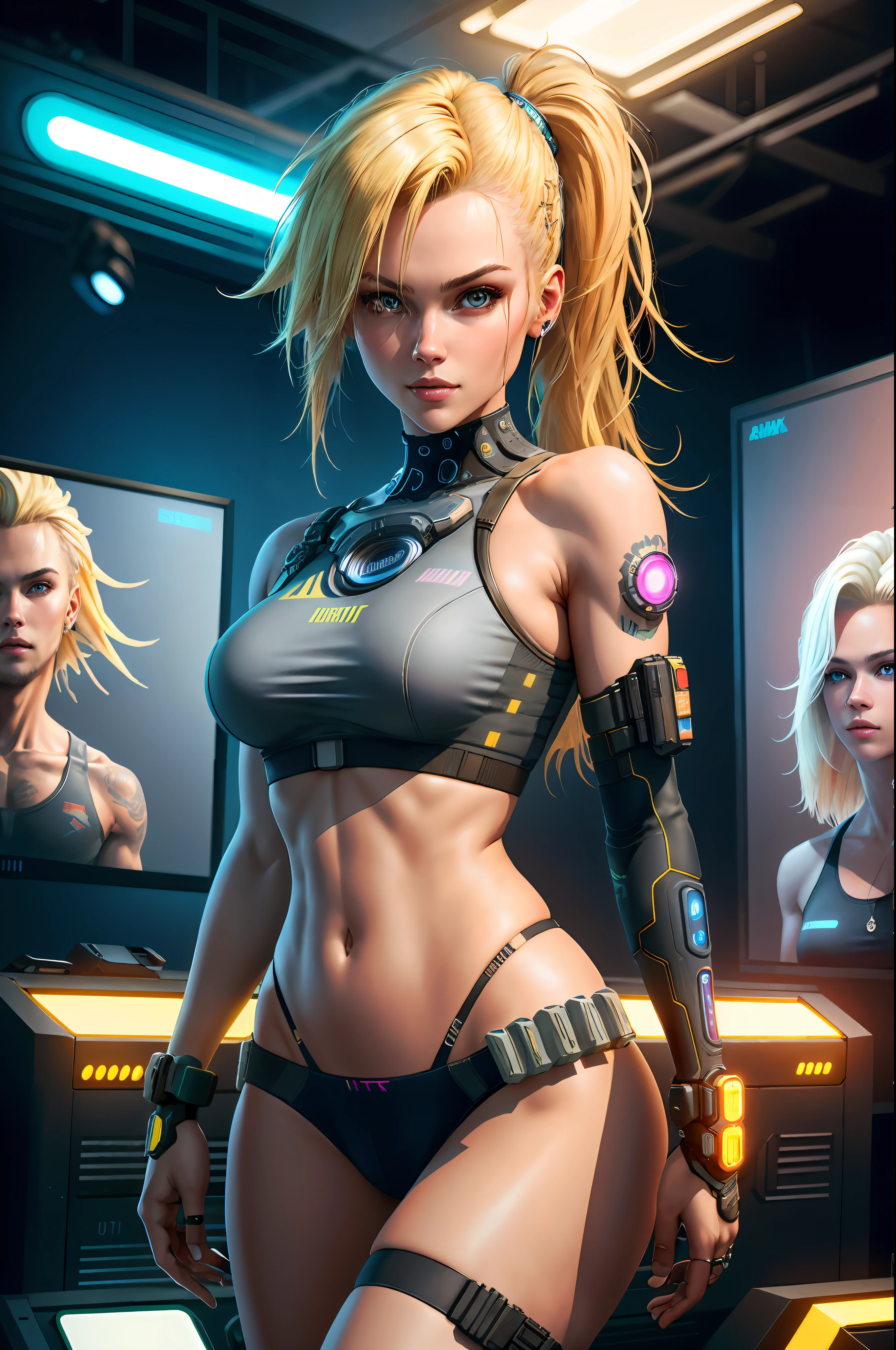 Best quality, ultra high res, photorealistic, SFW, with Cyberpunk 1girl sexy euro blonde hair is posing for a photo in a studio environment with a gray background, stand out, looking at the viewer, upper body, slender neckline, visible, croptop