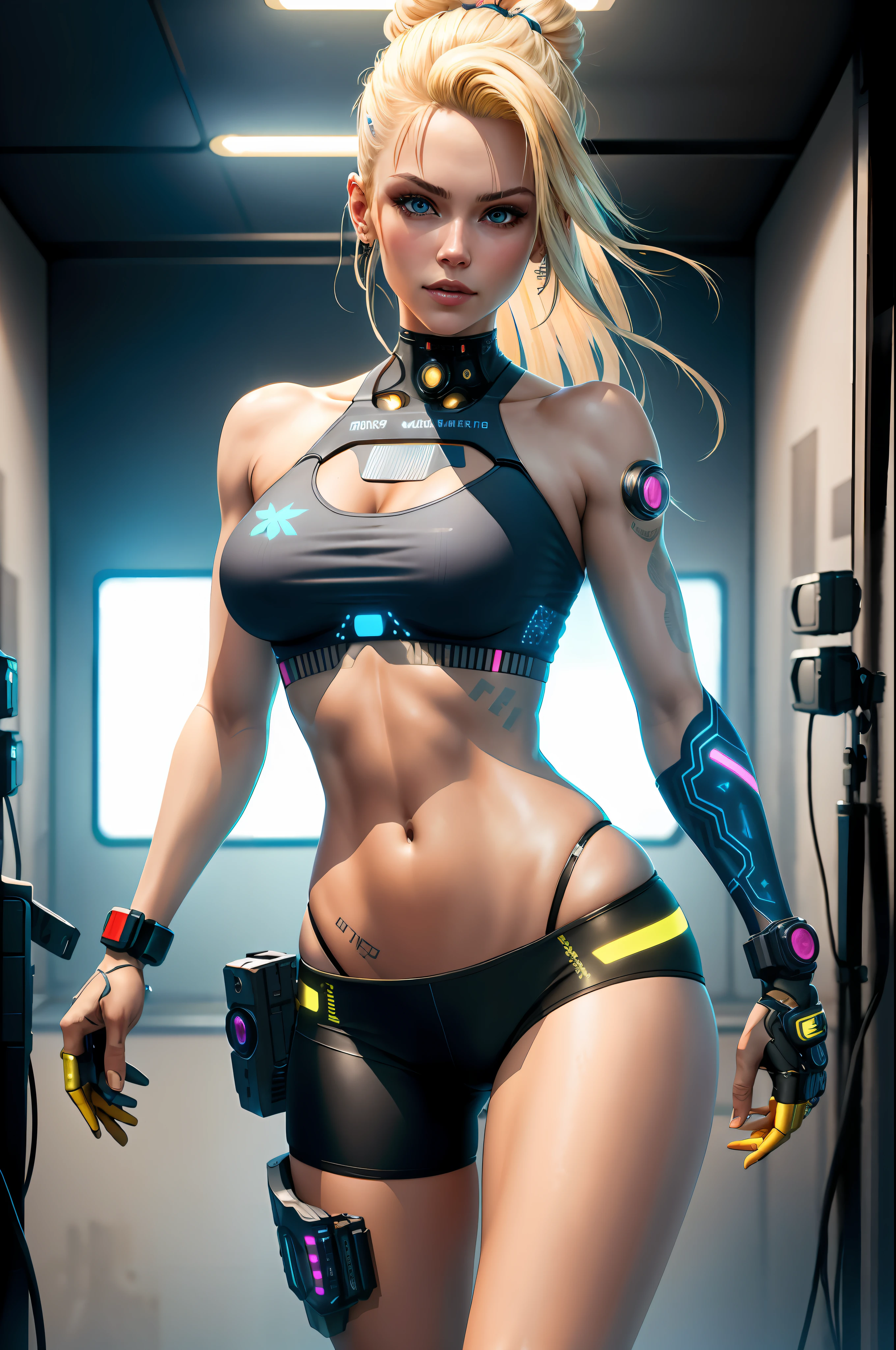 Best quality, ultra high res, photorealistic, SFW, with Cyberpunk 1girl sexy euro blonde hair is posing for a photo in a studio environment with a gray background, stand out, looking at the viewer, upper body, slender neckline, visible, croptop
