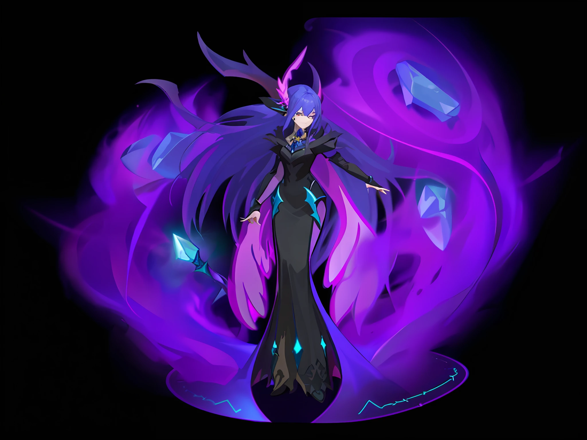 (High-quality, ultra detailed CG with close-ups of the arcane art style, an evil witch dressed in purple light, showing a charming posture against the background of the dark aura.) )