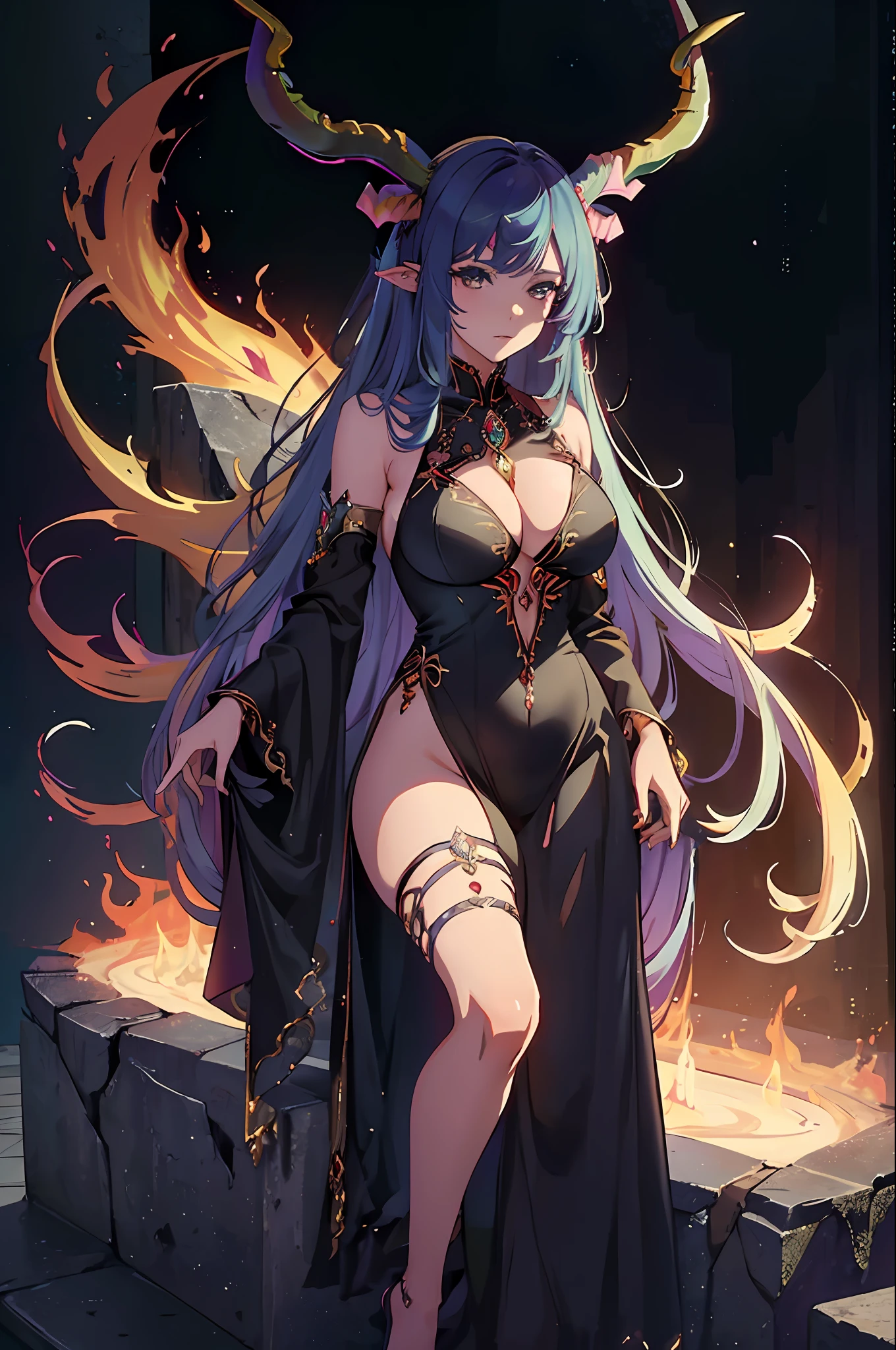(masterpiece, top quality, best quality, official art, beautiful and aesthetic:1.2), Extreme detailed, 2 Sexy Demon, 1 girl, large breasts,, (very long horns:1.6), flames around, glowing body, sexy, sexy body, Colorful, Highest detailed, Cold light,