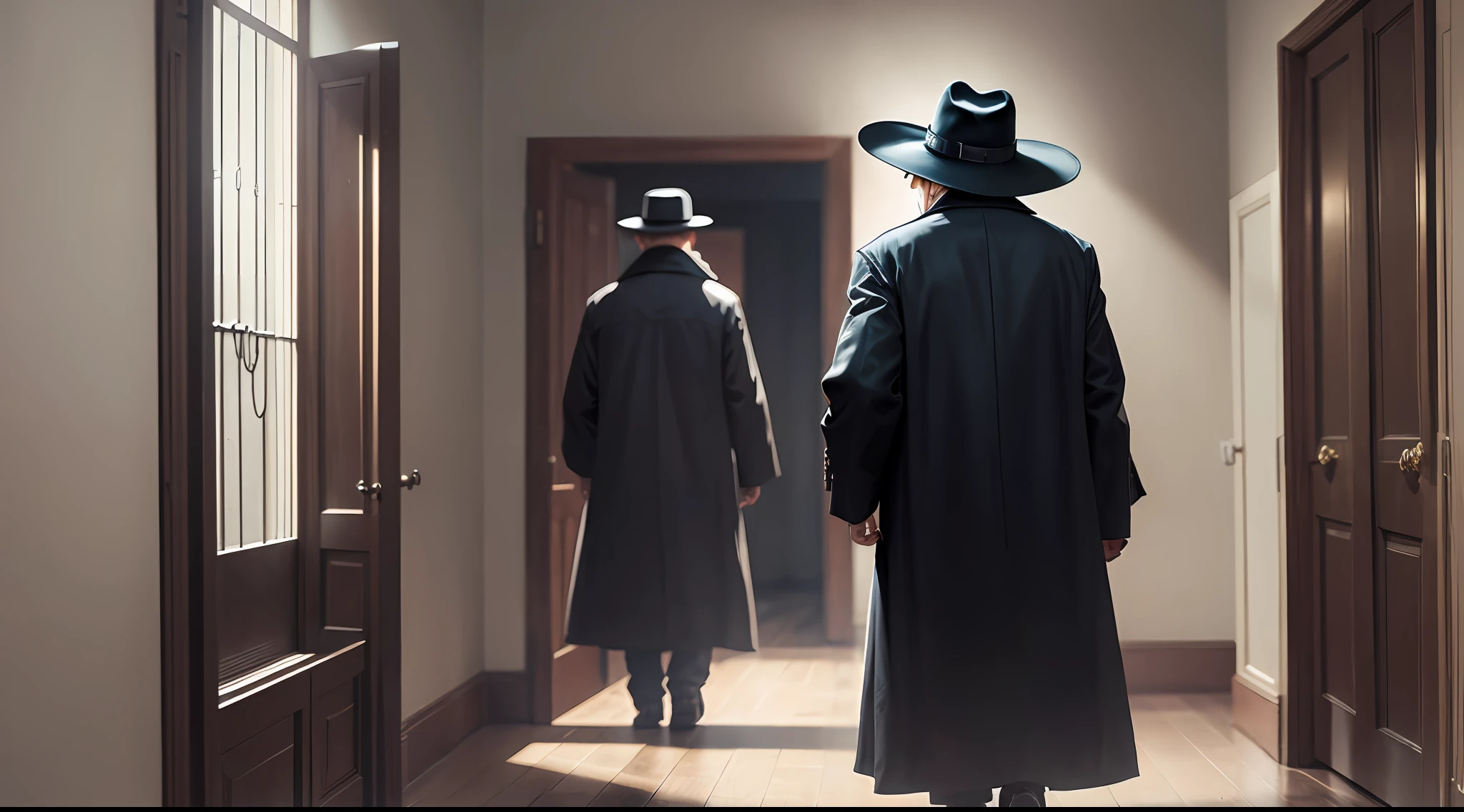 The old exorcist man wore old clothes, such as a long black coat and a wide-brimmed hat. He walked determinedly through the house, seeking to sense the presence of evil