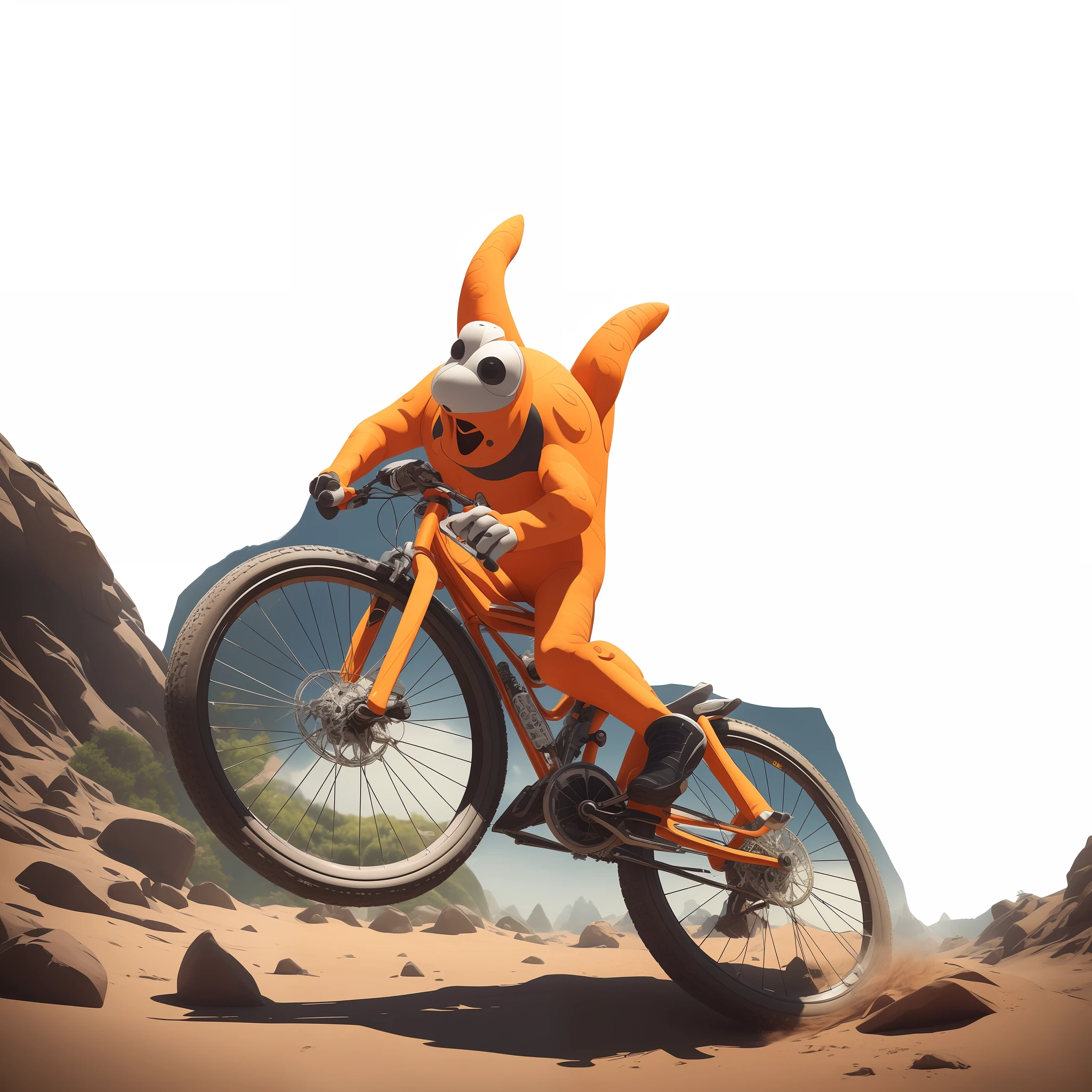 there is a man riding a bike with a giant orange animal on it, wheelie, starfish monster movie, cycles 3 d render, cycles4d render, cycle render, promotional render, by Seb McKinnon, kaiju starfish, with big starfish, depicted as a 3 d render, rides a bike, rendered in cinema4d, rendered in cinema 4 d,A flag (carried in the forehand)