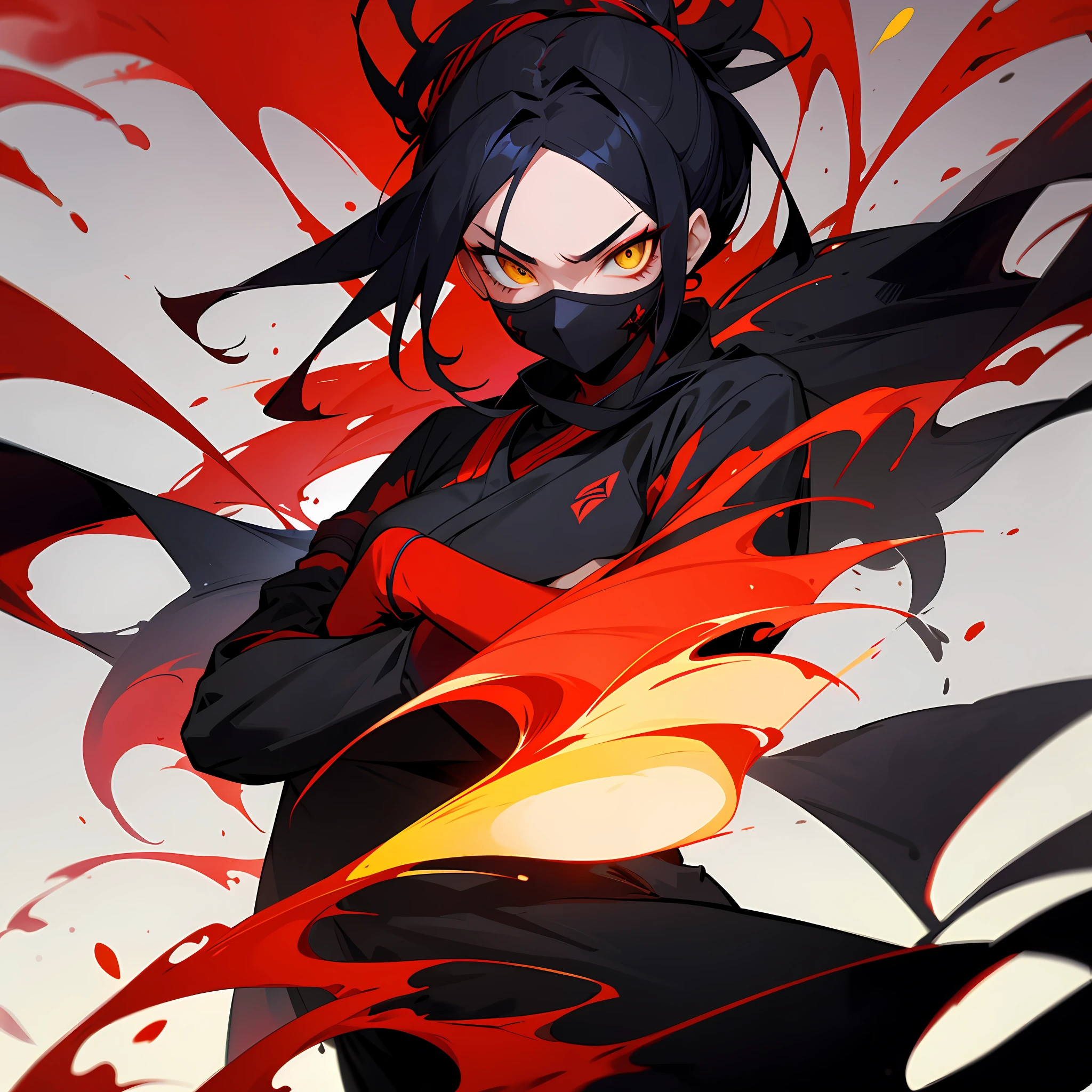 T-shirt design, Beautiful ninja girl, with her arms crossed holding shurikens, splashes of watercolor, with black and red colors, wearing mask, deep look, hair in stylized black and red gradients, yellow eyes in gradient, melted."